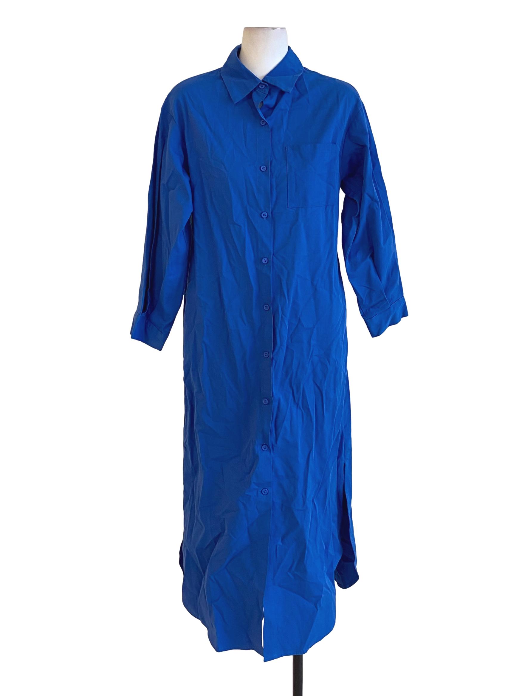 Royal Blue Buttoned Down Collared Long Sleeve Shirt Dress