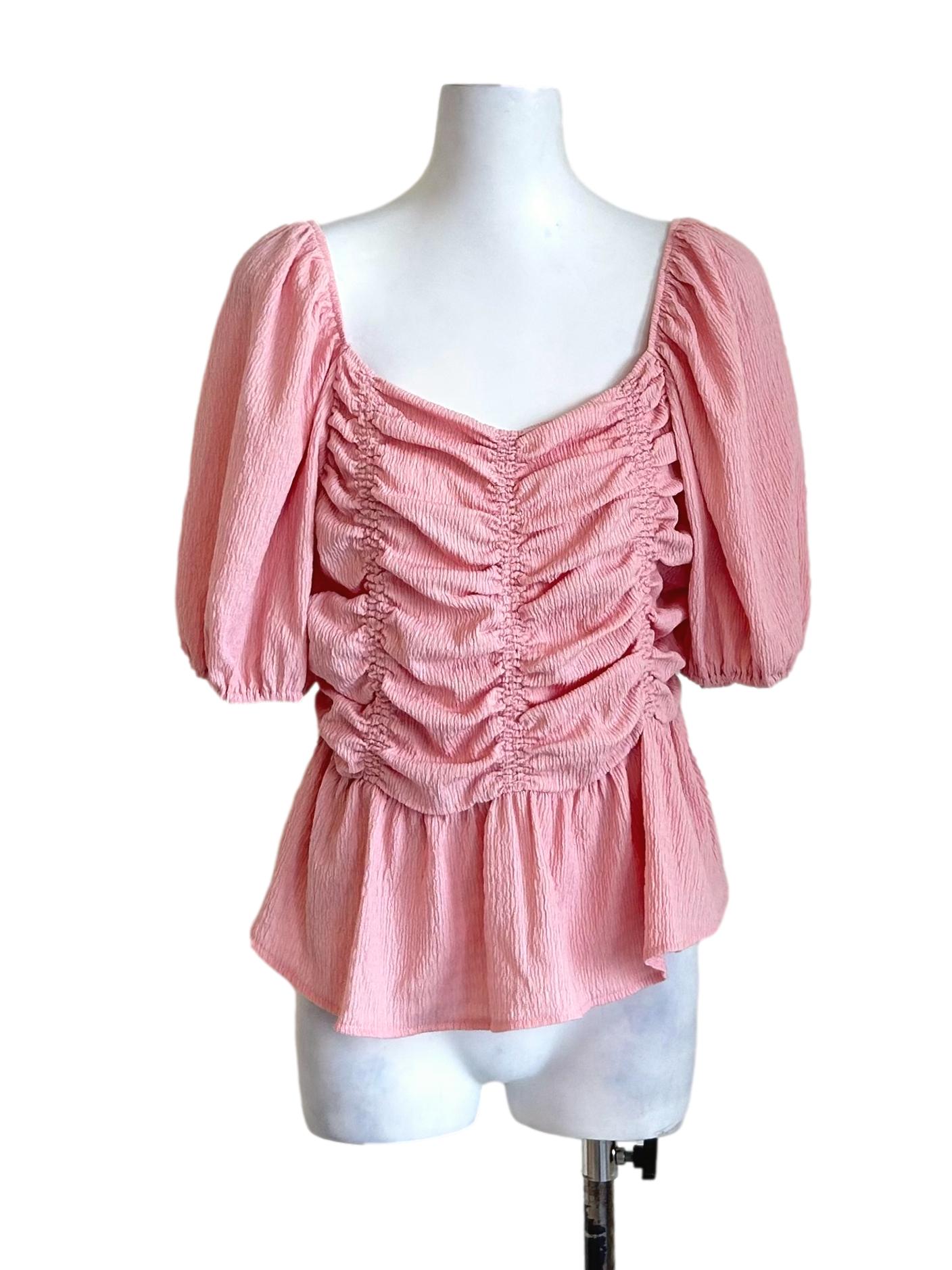 Blush Pink Ruched Puff Sleeve Top