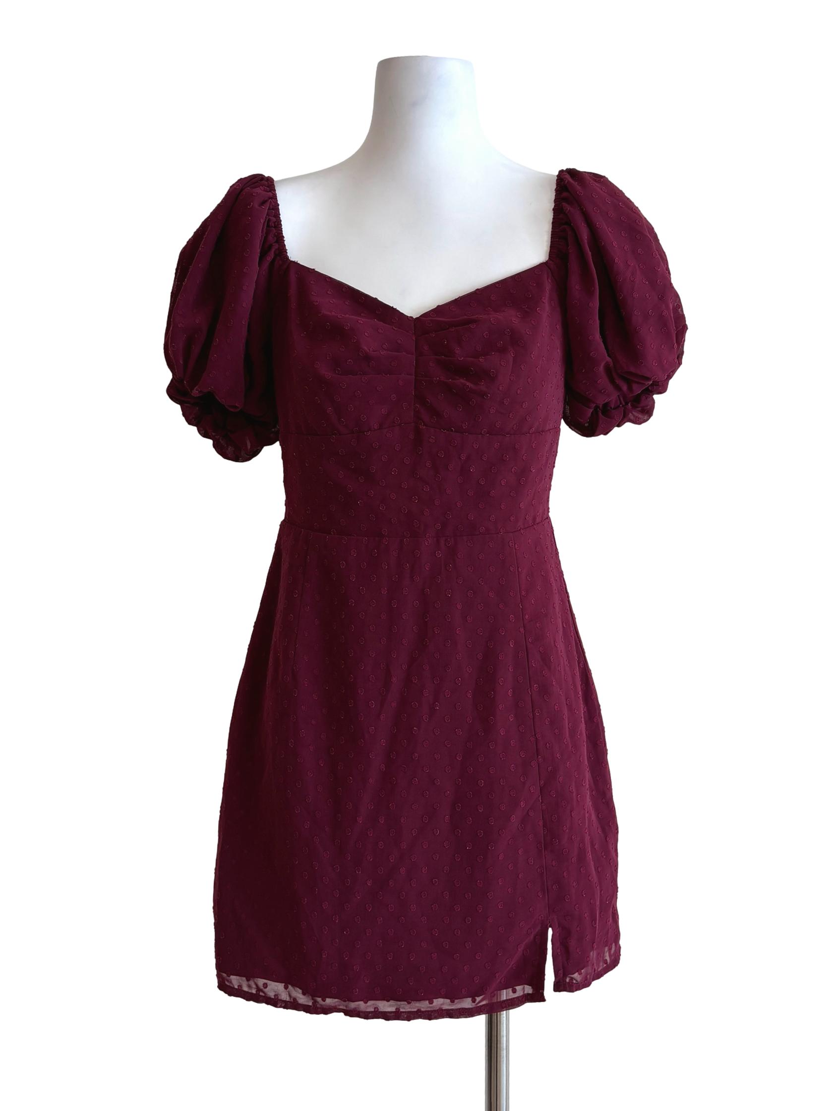 Maroon Puff Sleeve Textured Dress