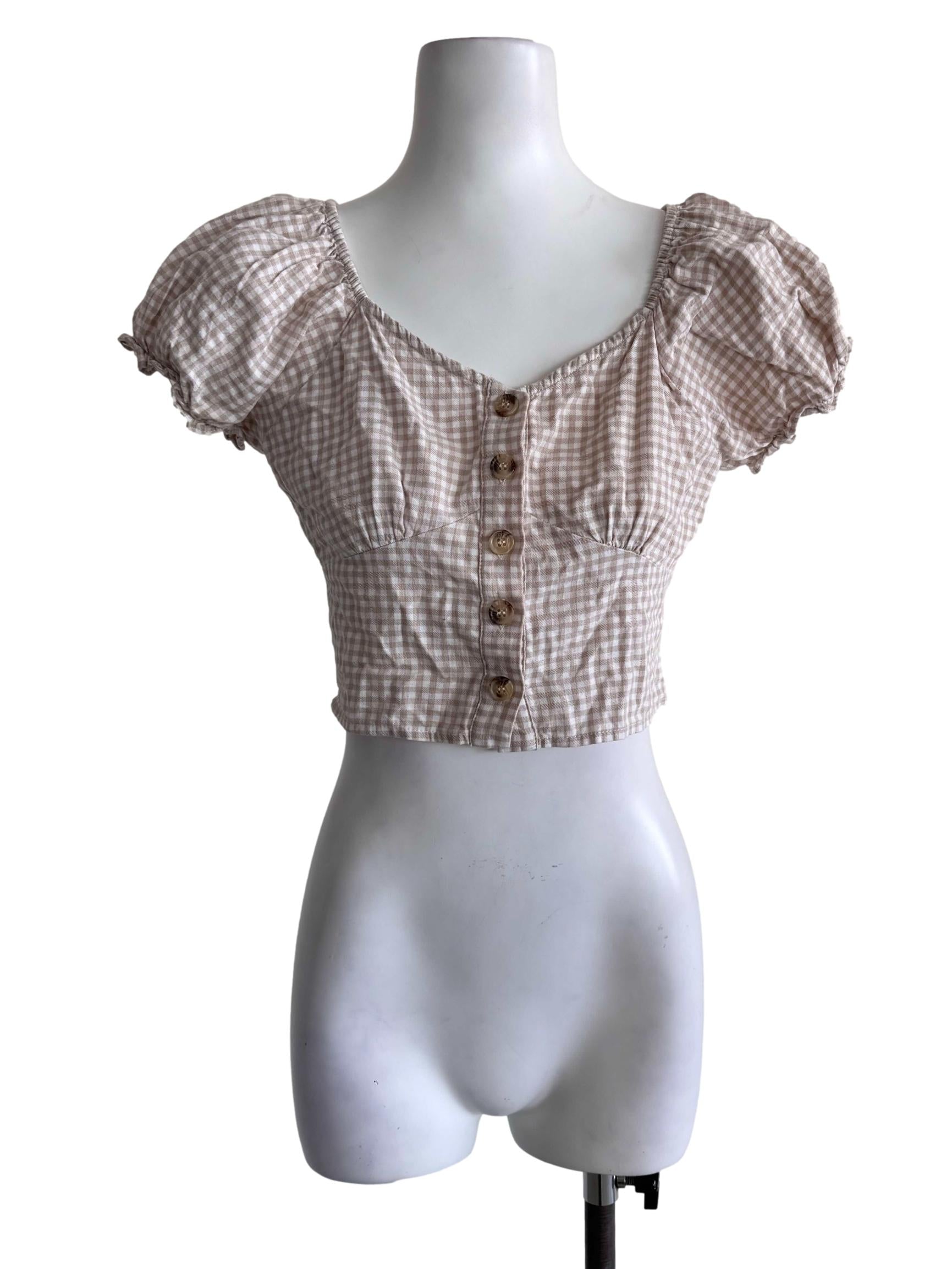 Beige Gingham Button Puff-Sleeve Crop Top