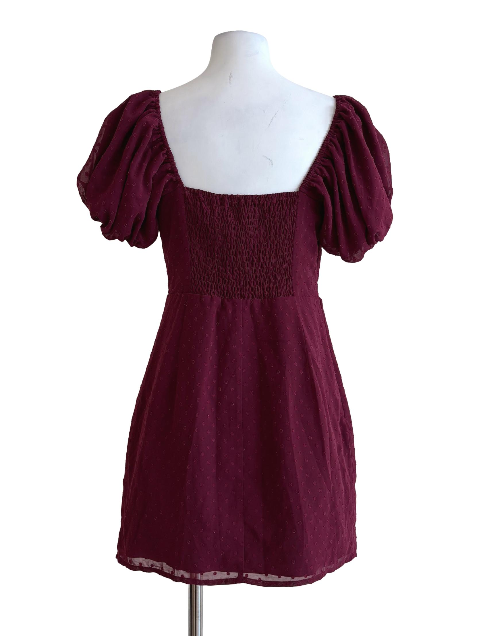 Maroon Puff Sleeve Textured Dress