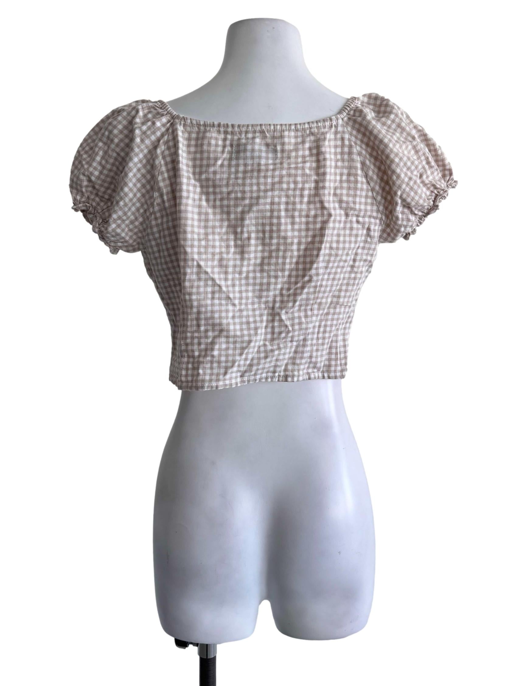 Beige Gingham Button Puff-Sleeve Crop Top