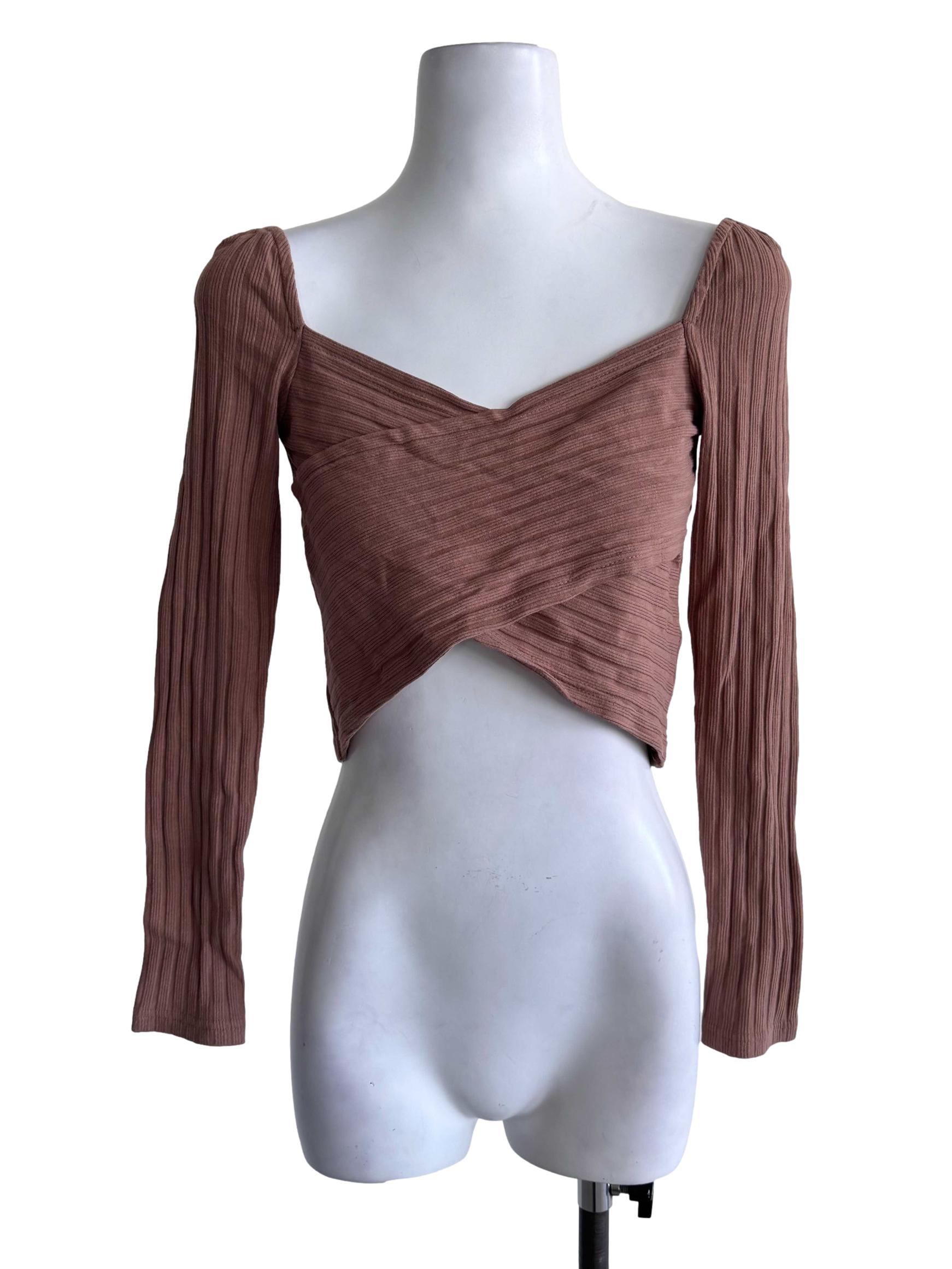 Mauve Ribbed Long-Sleeve Wrap Crop Top