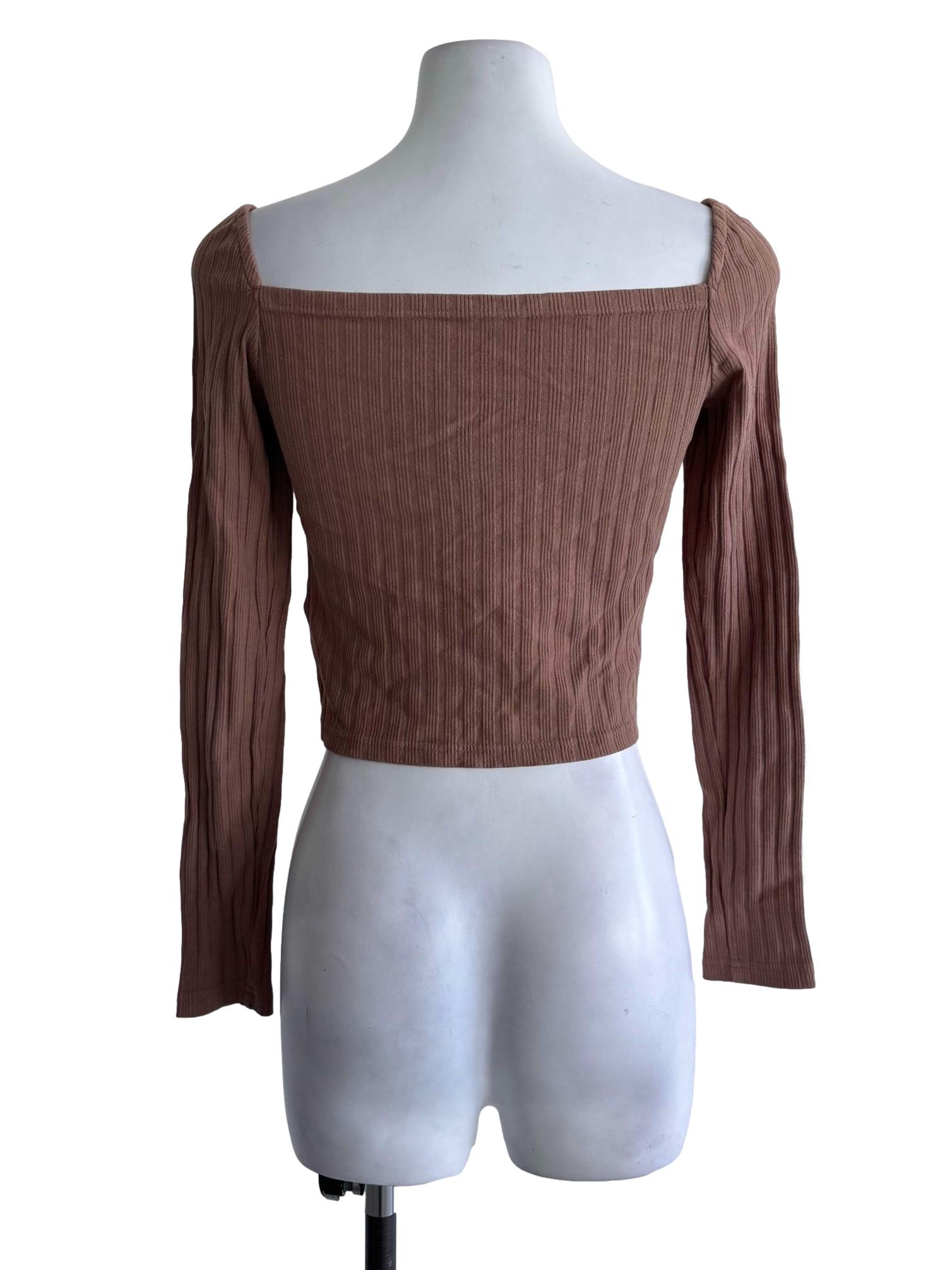 Mauve Ribbed Long-Sleeve Wrap Crop Top