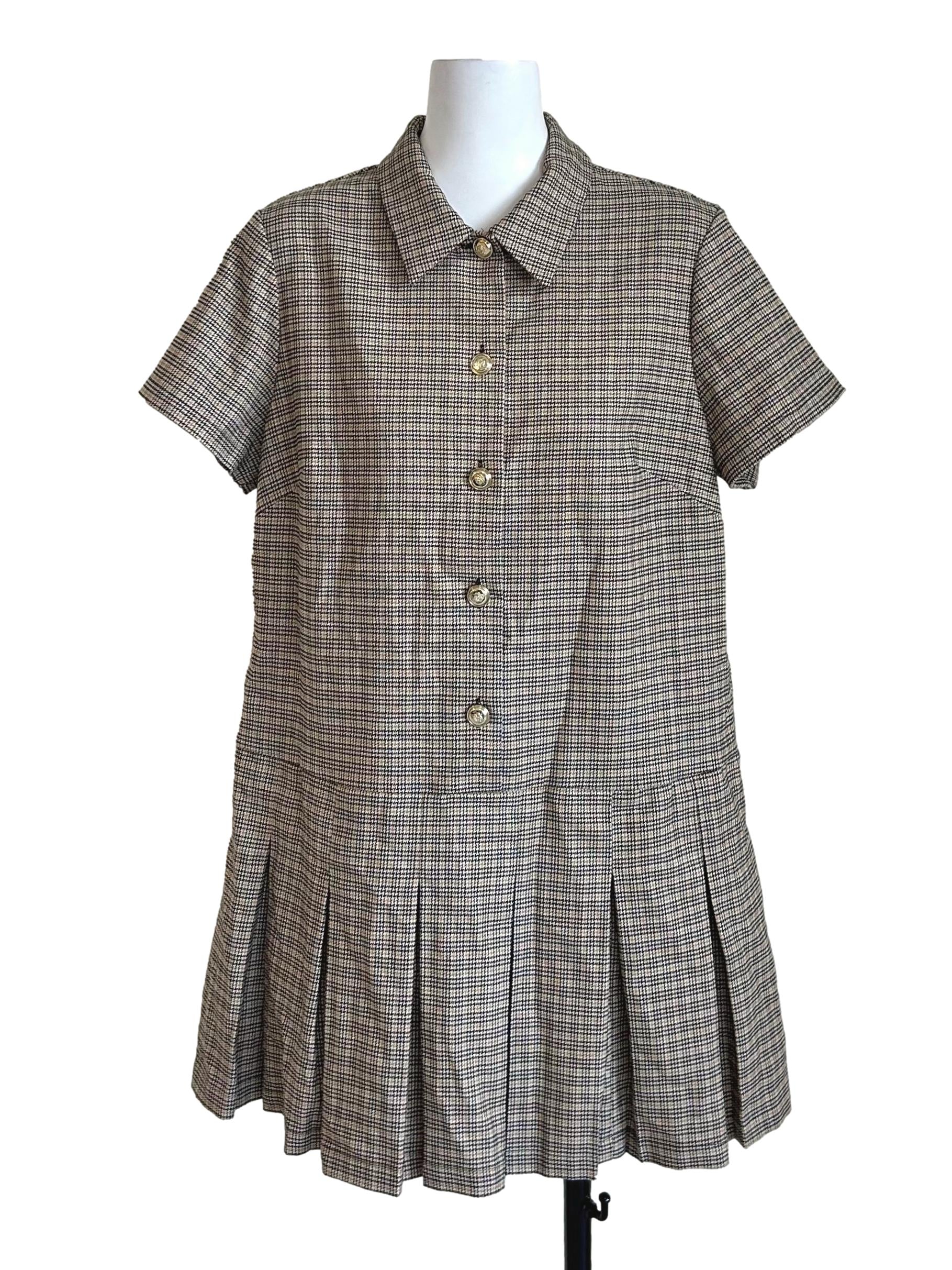 Plaid Short Sleeve Pleated Dress