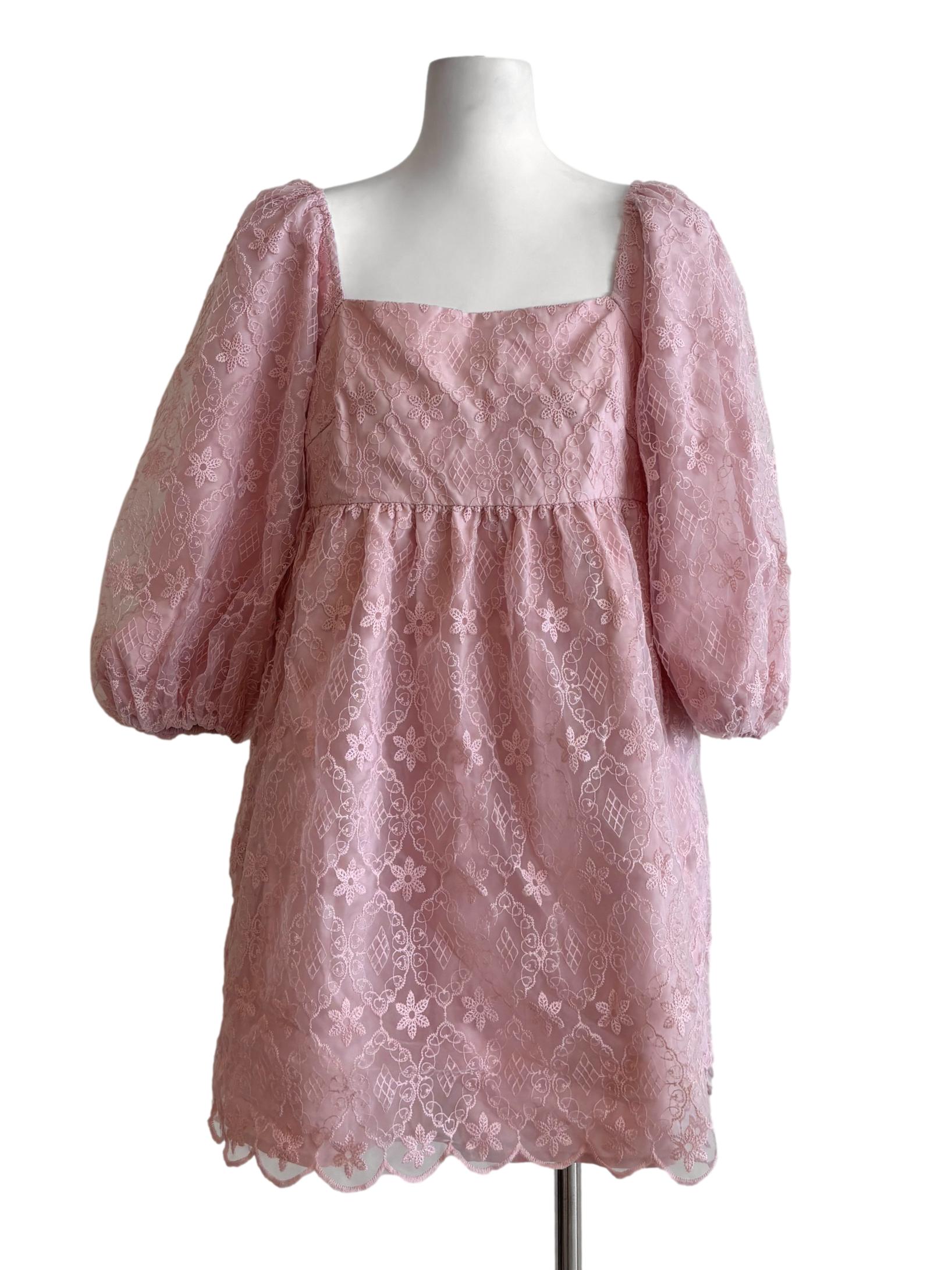 Baby Pink Long Sleeve Floral Lace Dress