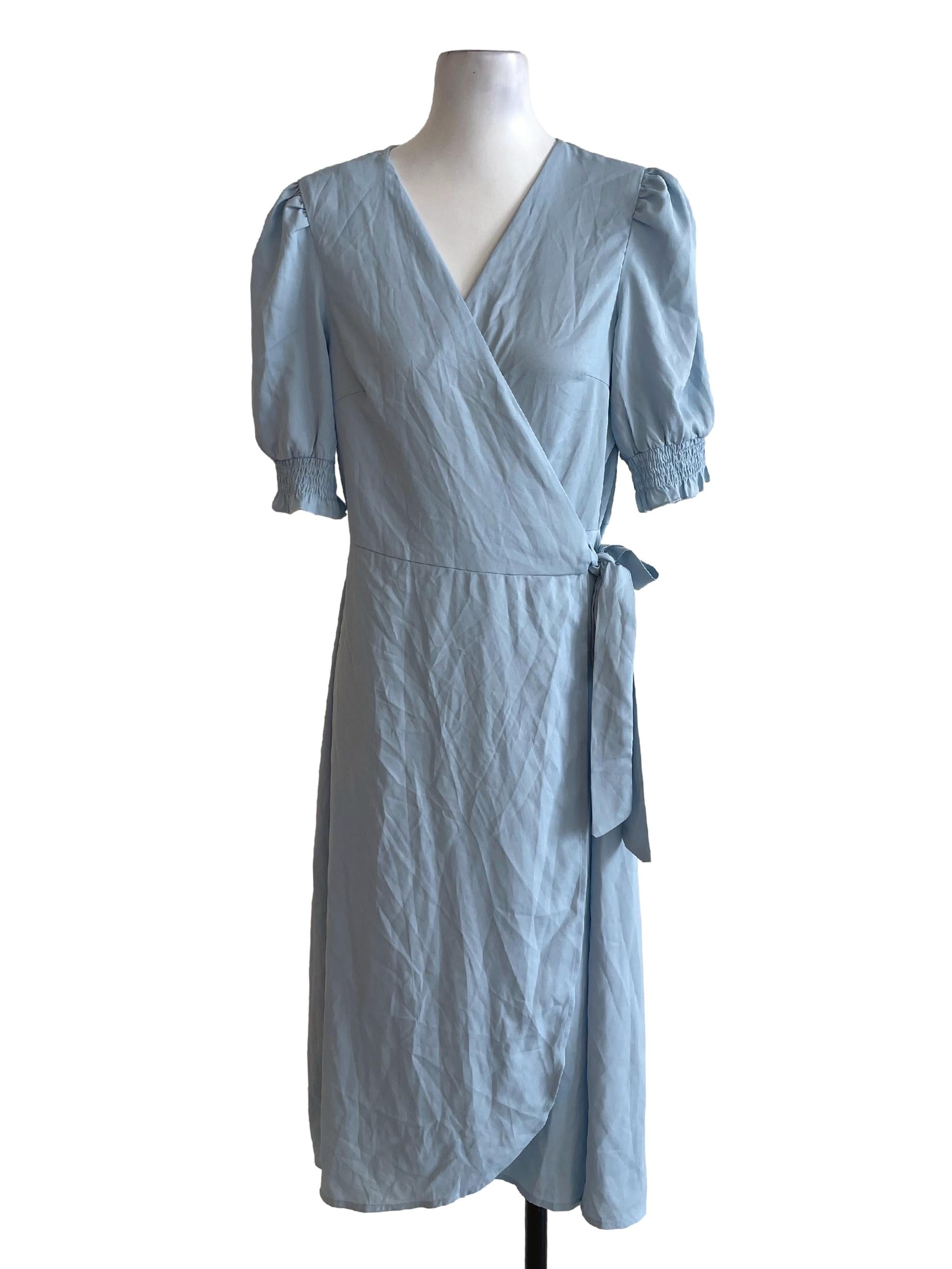 Light Blue Plain Wrap Dress