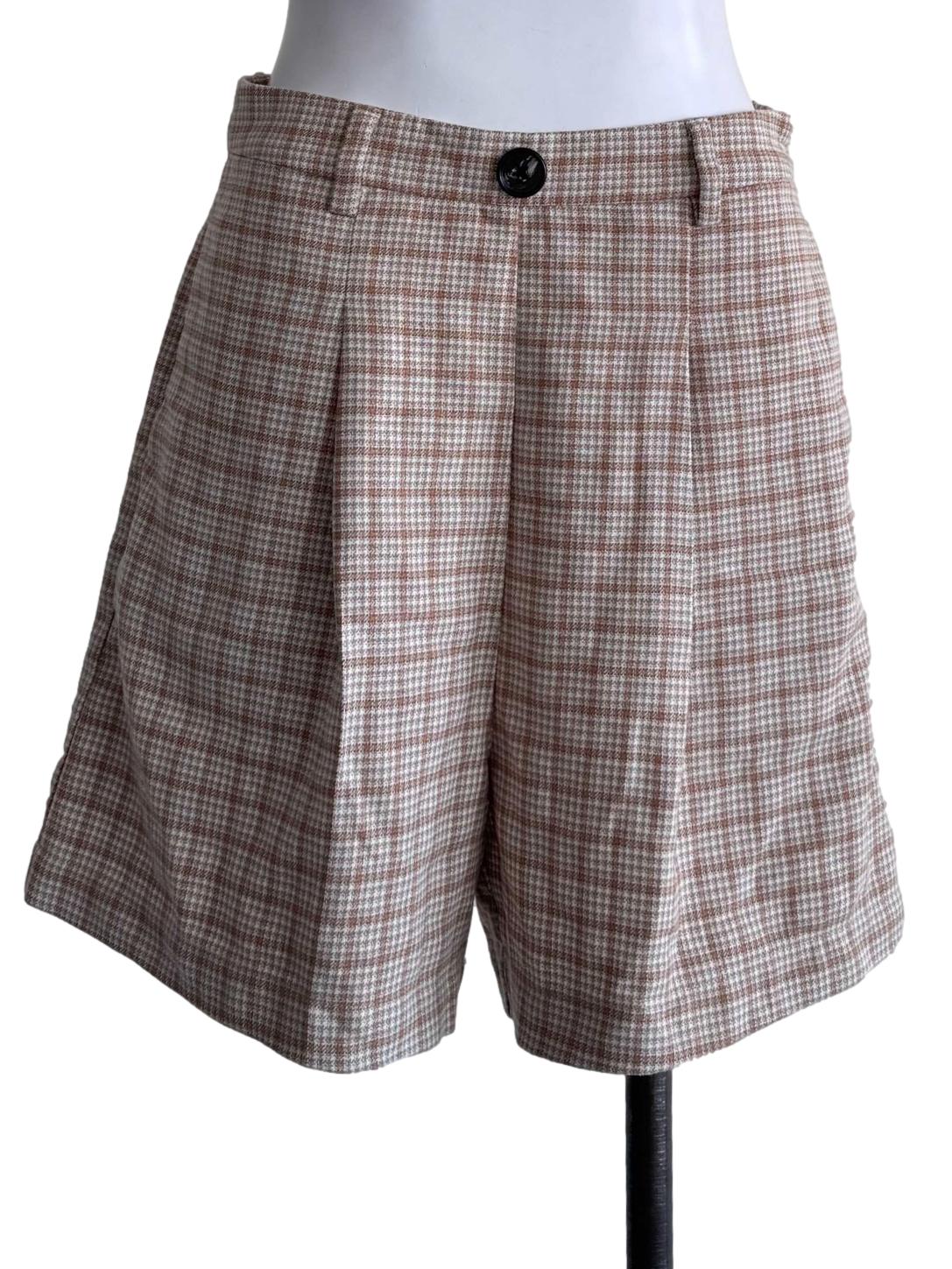 Beige Plaid High-Waist Shorts