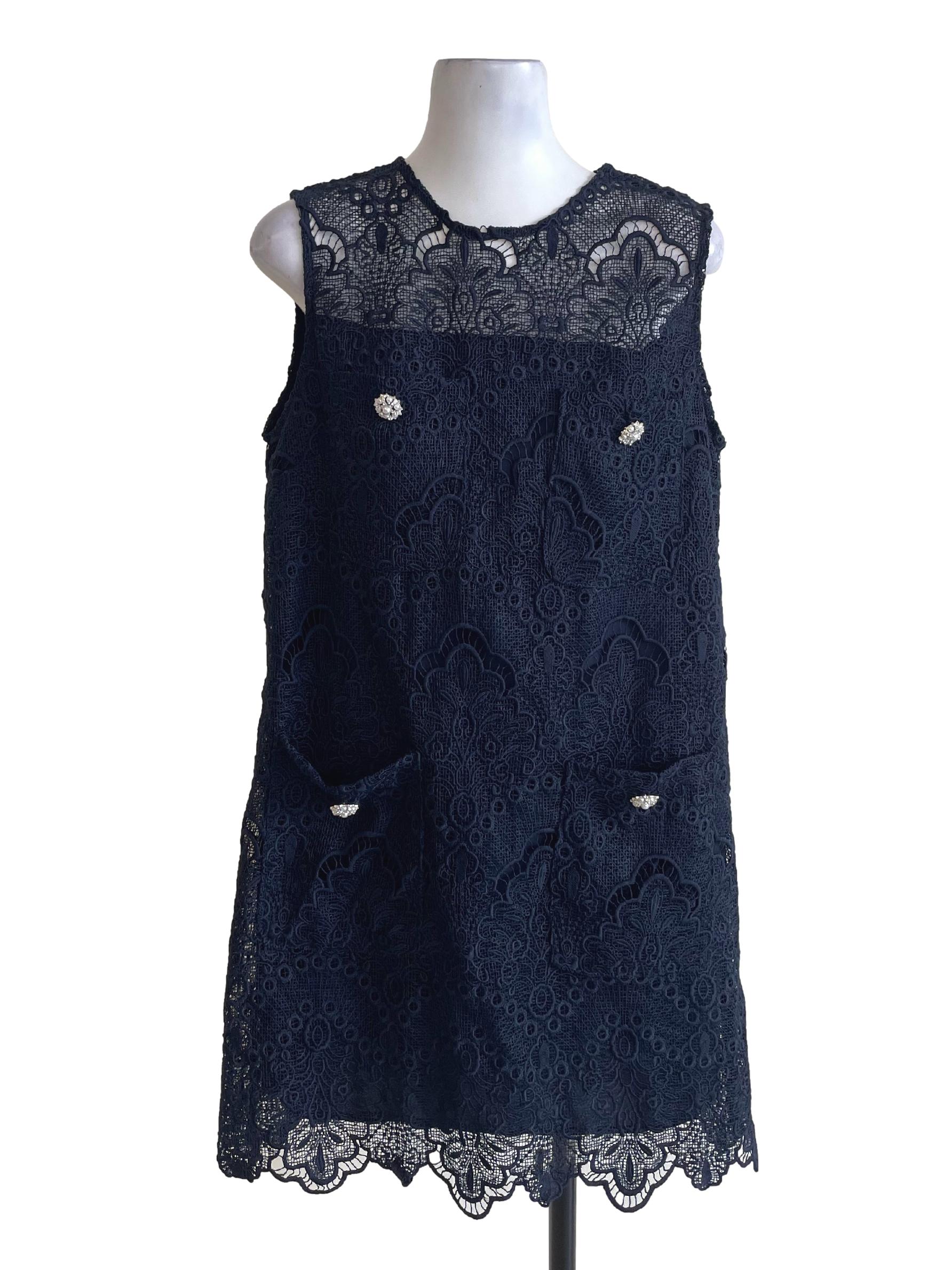 Navy Blue Lace Floral Dress