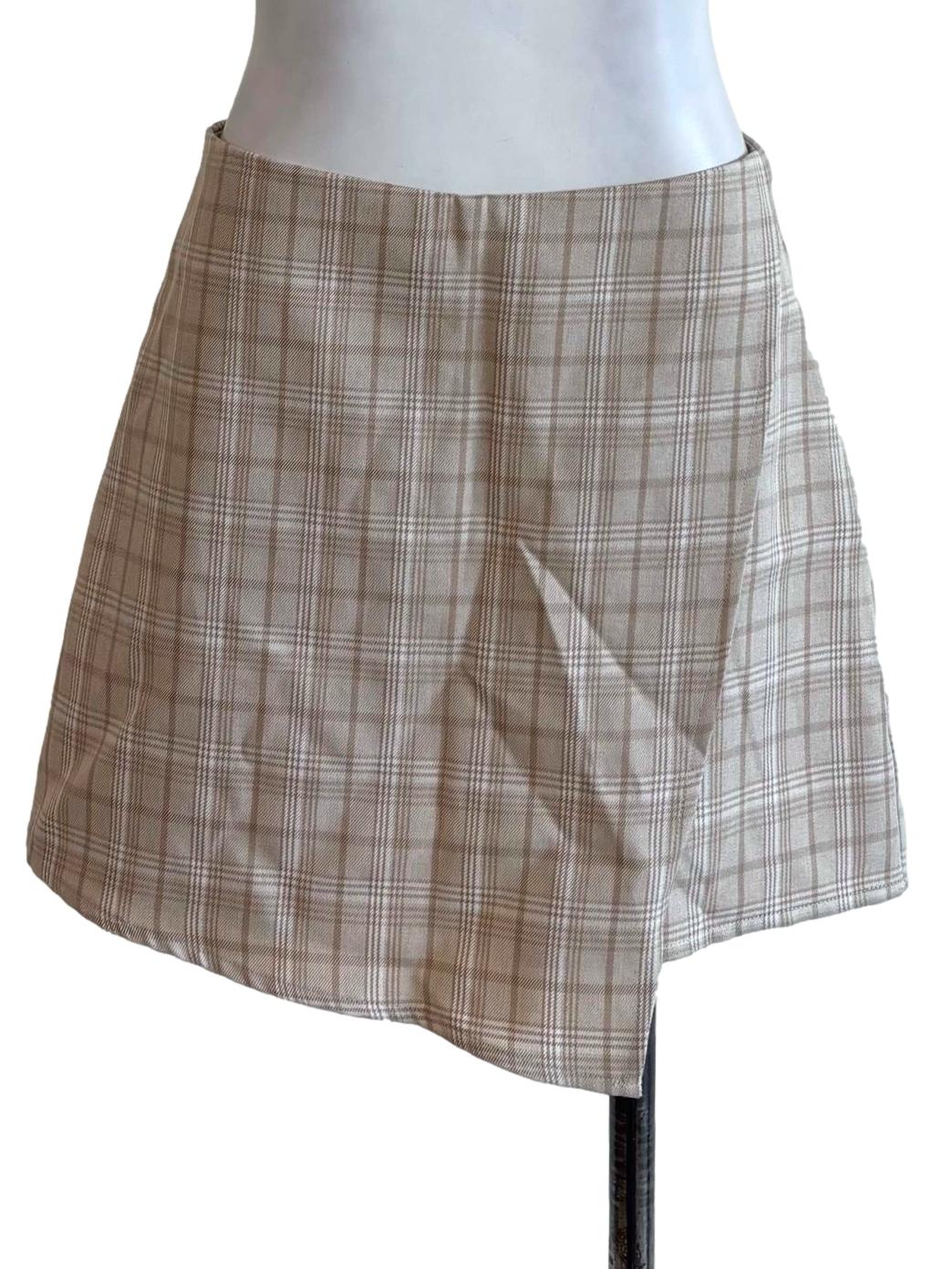 Beige Plaid Asymmetrical Skort