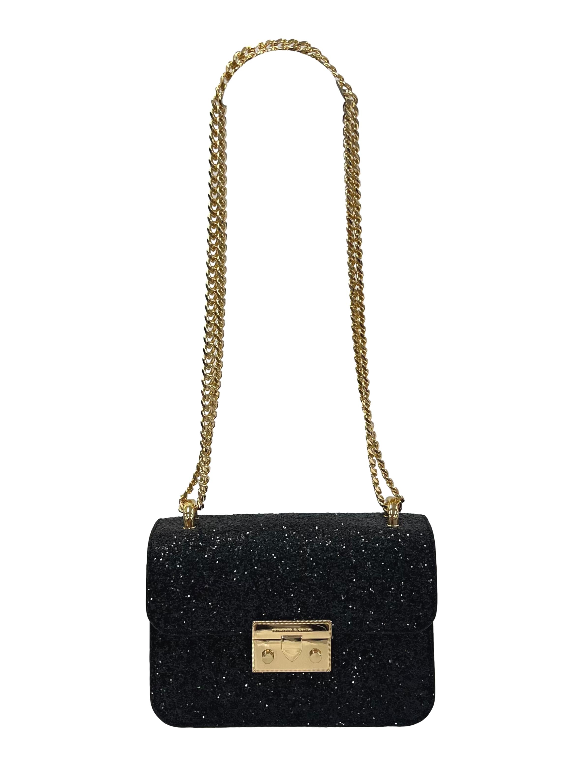 Black Glittery Push-Lock Chain Handle Bag