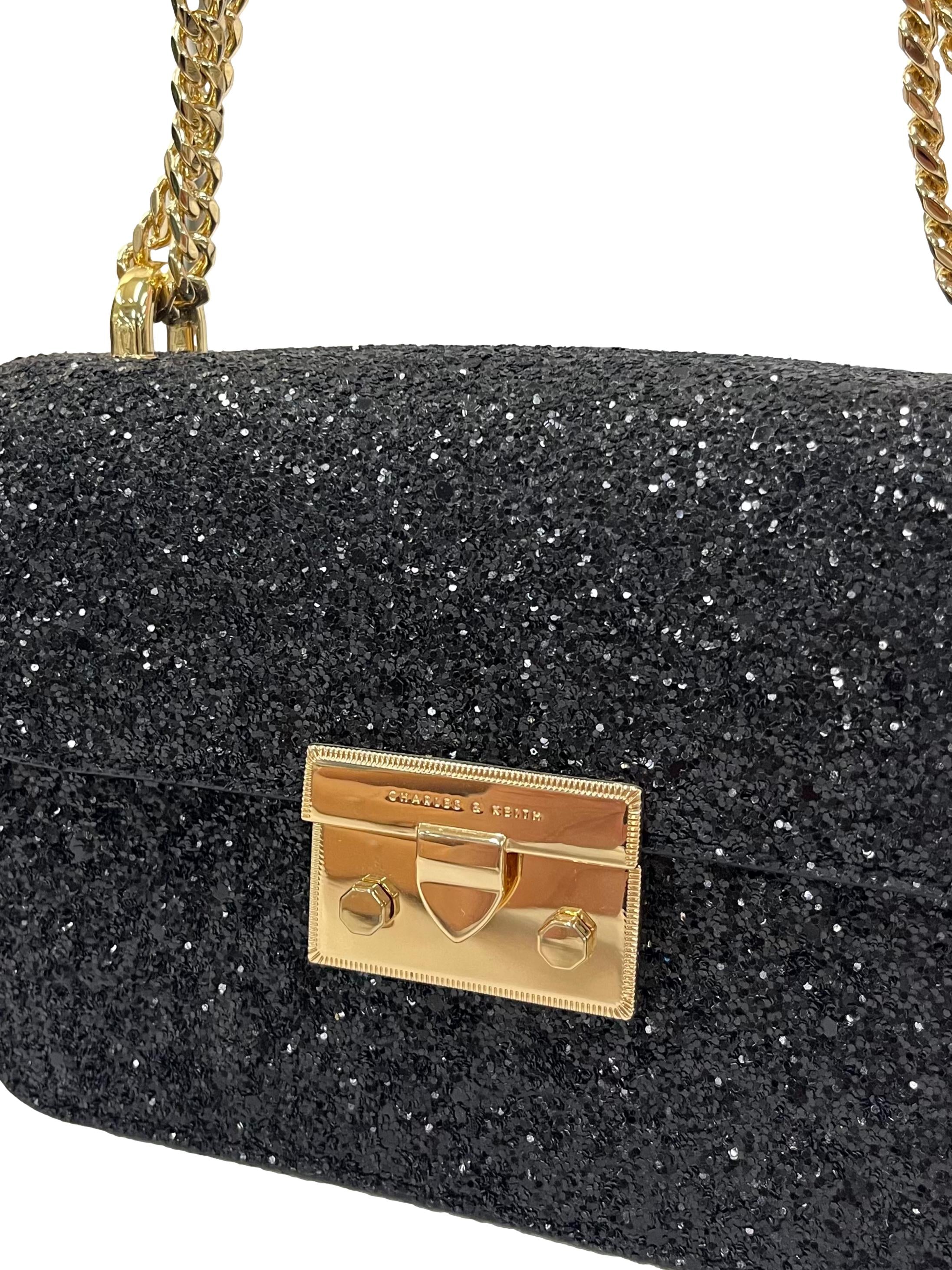 Black Glittery Push-Lock Chain Handle Bag
