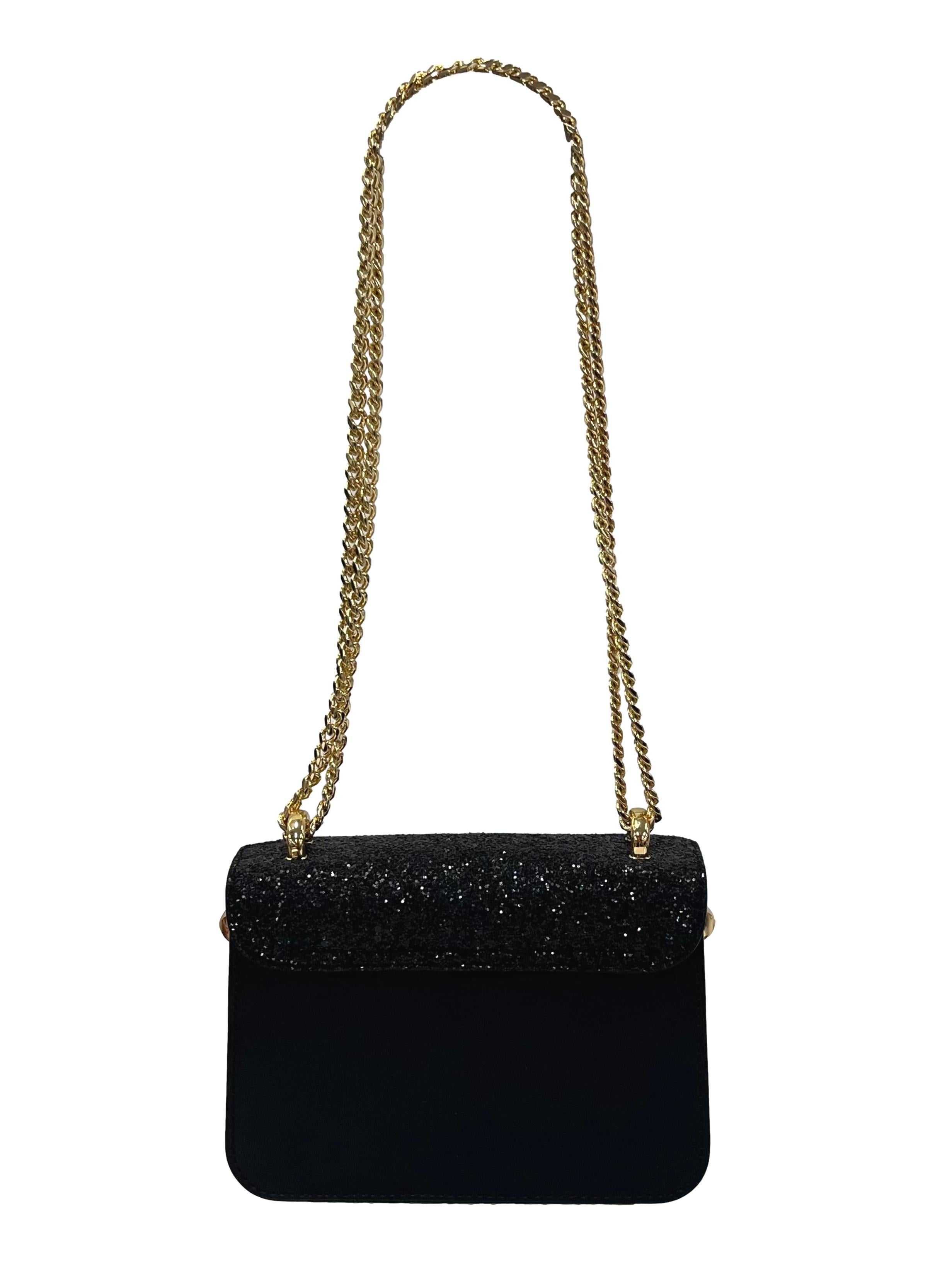 Black Glittery Push-Lock Chain Handle Bag