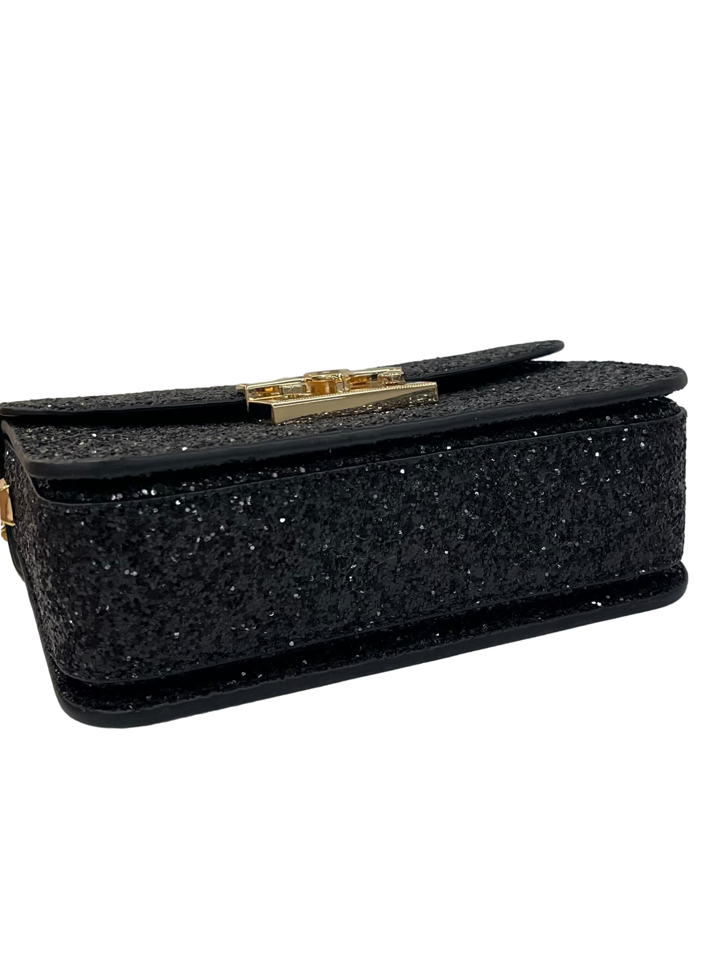 Black Glittery Push-Lock Chain Handle Bag