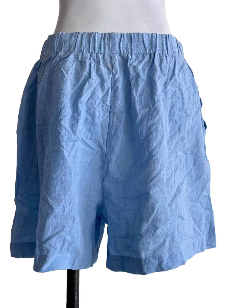Light Blue Elastic-Waist Casual Shorts