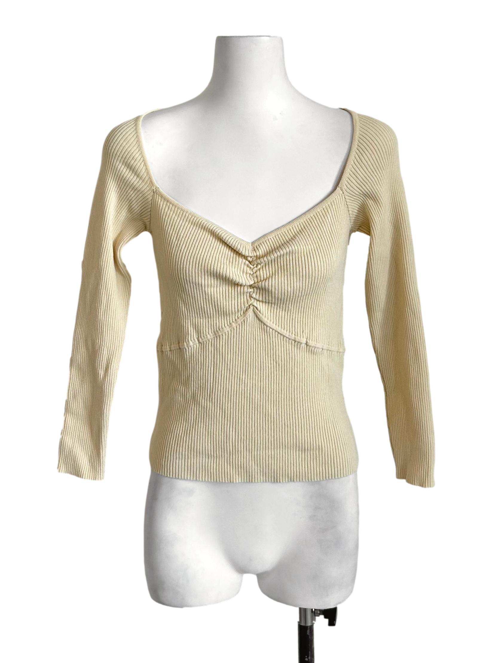 Cream Ribbed Ruched Neck Top TEM