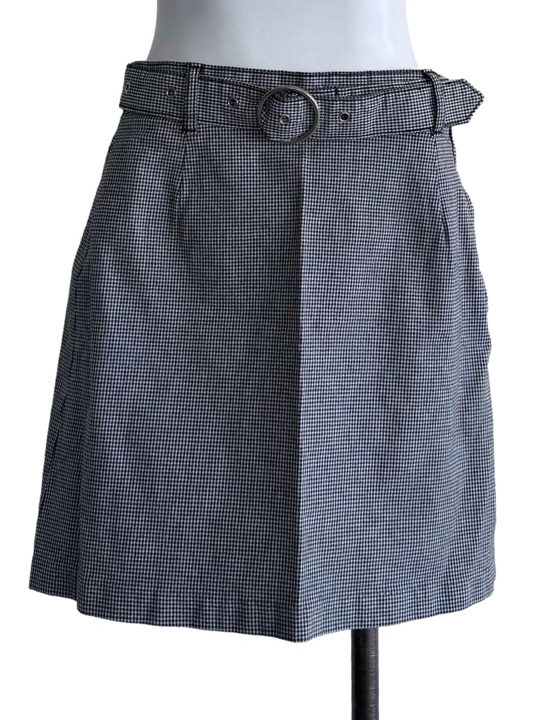 Grey Checkered Belted A-Line Skirt