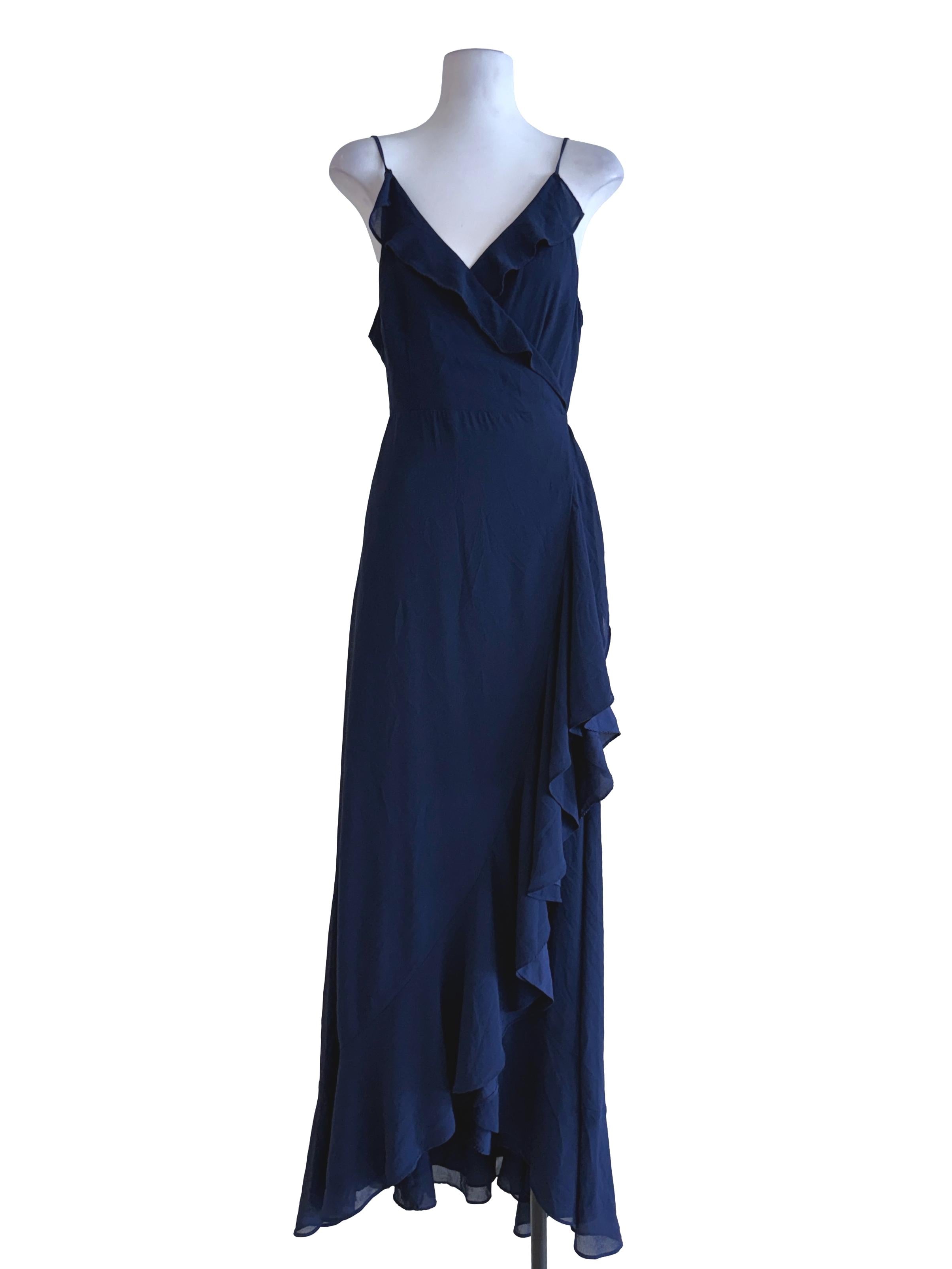 Navy Blue Wrap Ruffle Dress