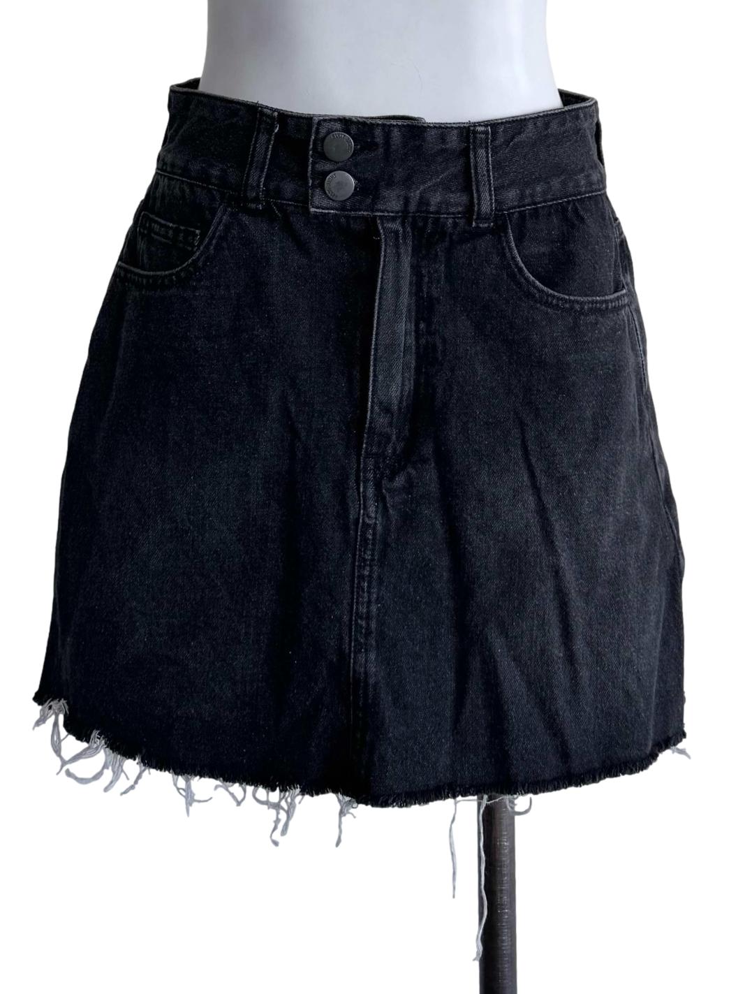 Black Denim Raw-Hem Mini Skort
