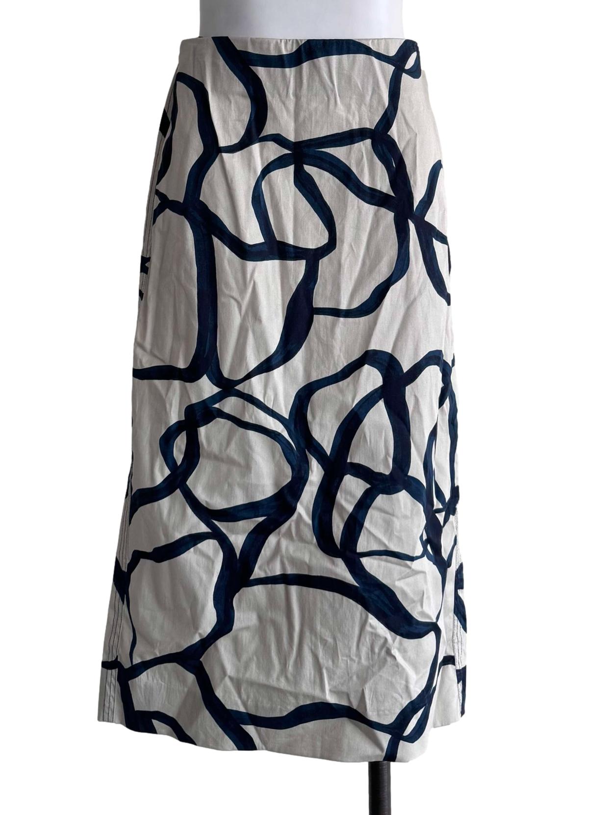 Light Grey With Blue Abstract Print Midi Skirt