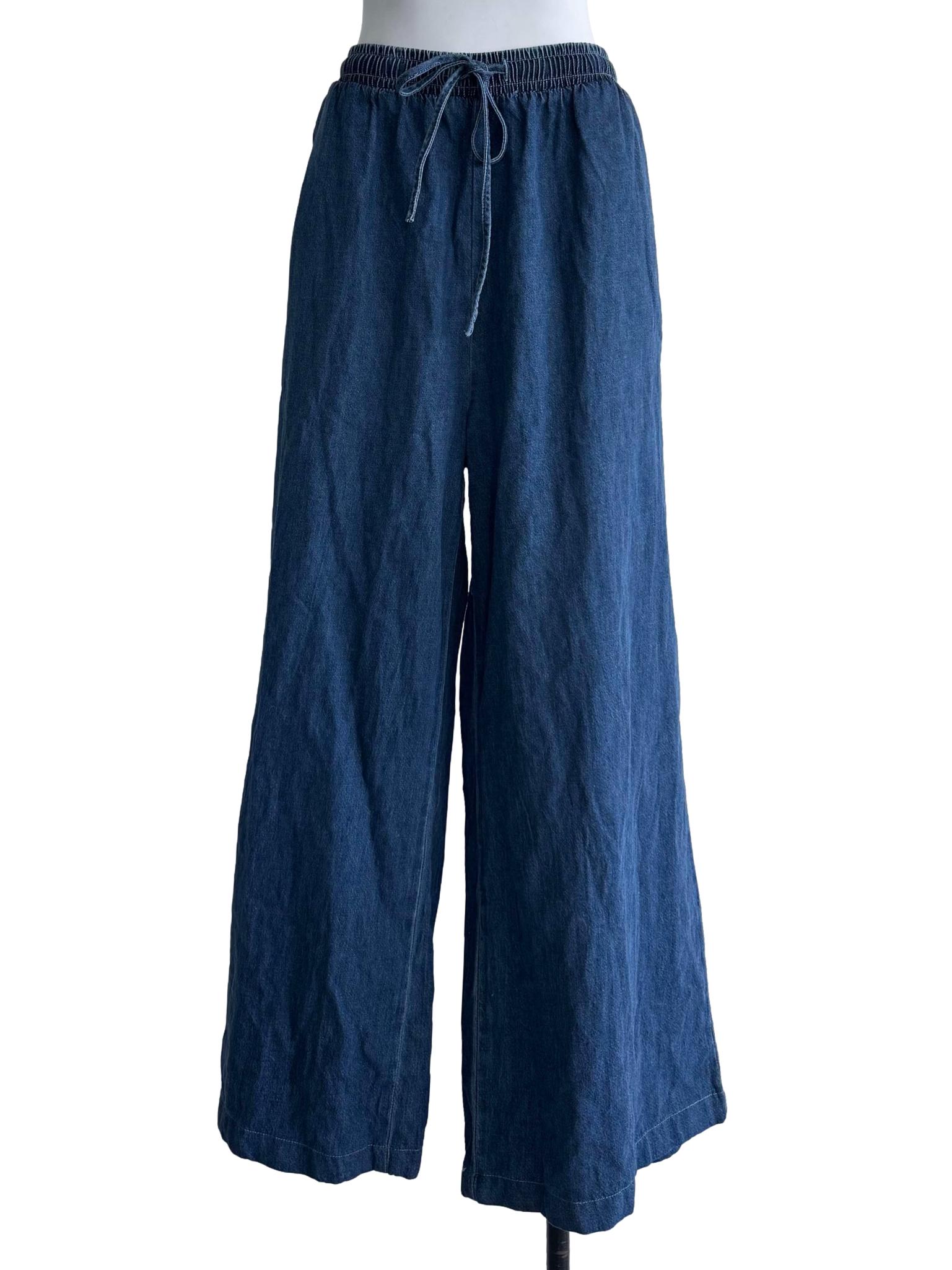 Blue Chambray Drawstring Wide-Leg Pants