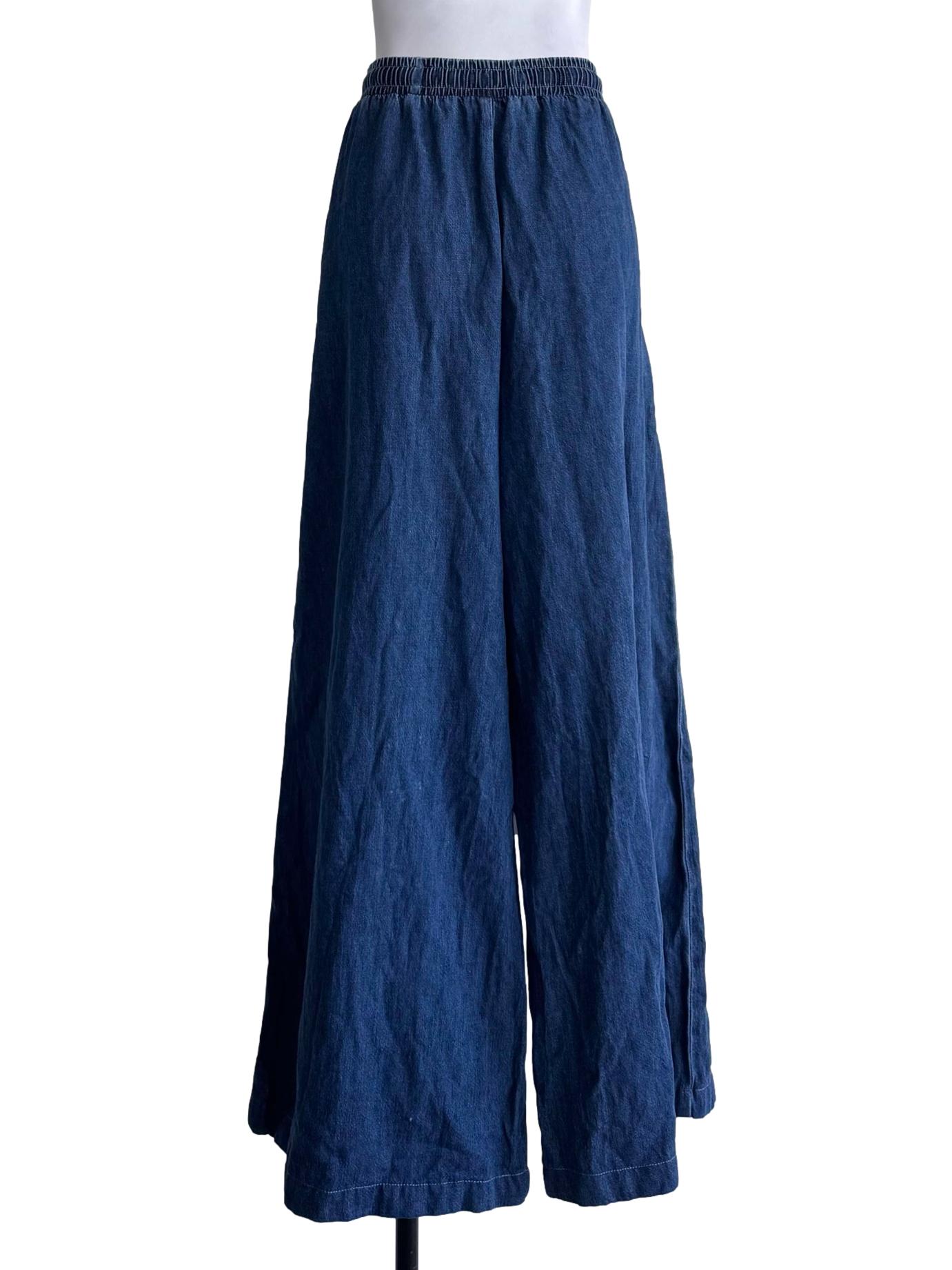 Blue Chambray Drawstring Wide-Leg Pants