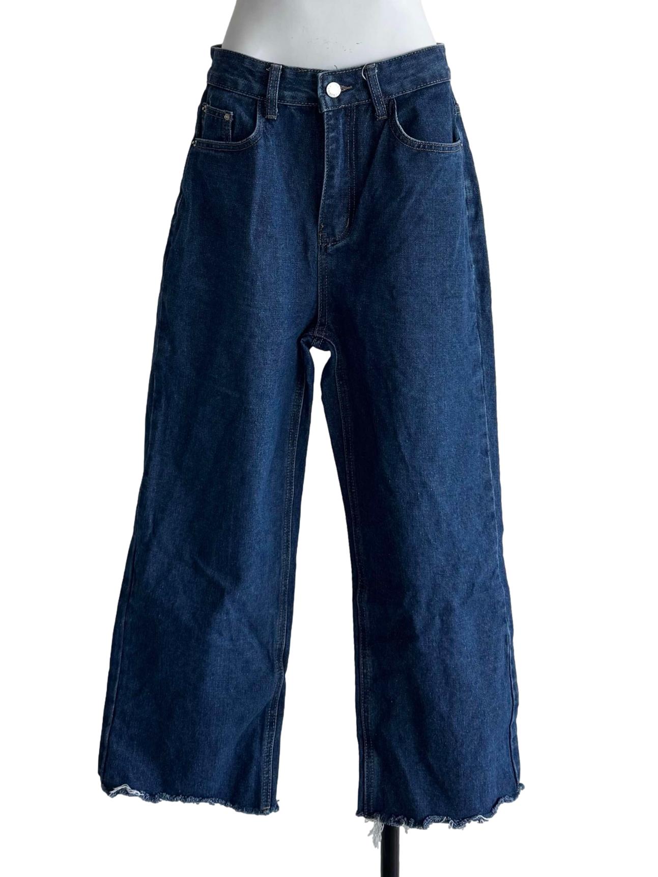 Blue Denim Wide-Leg Cropped Jeans