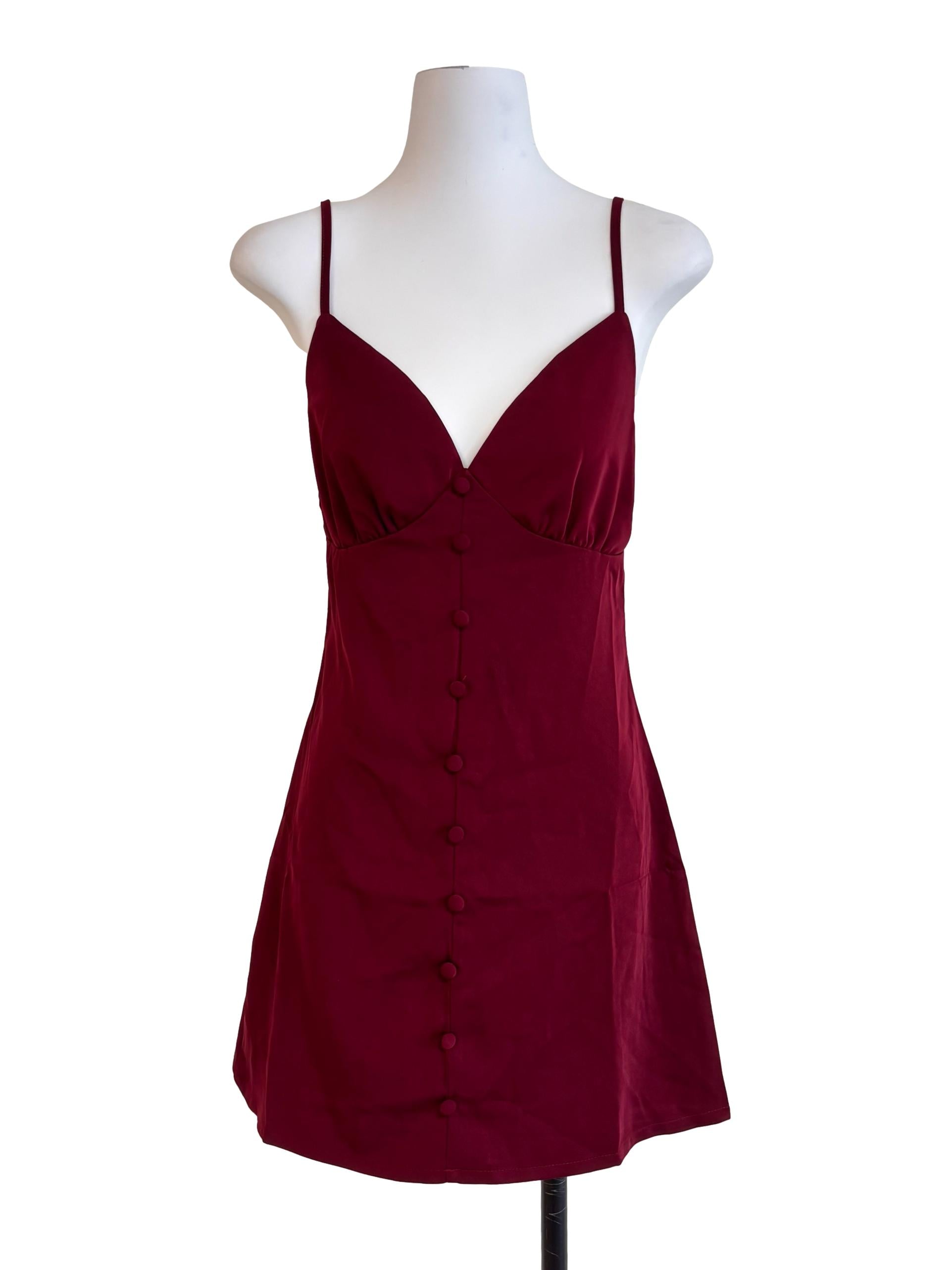 Maroon Plunge Neckline Button Dress