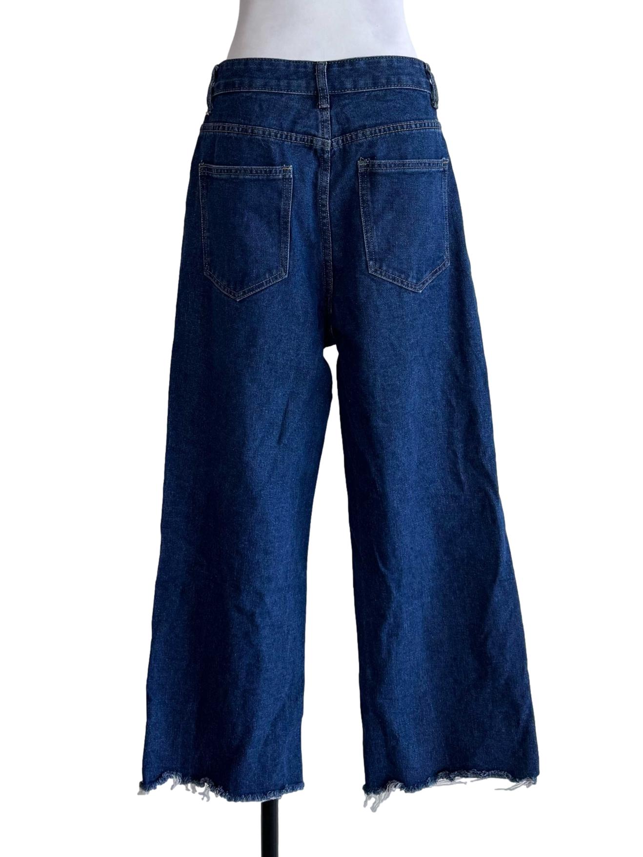 Blue Denim Wide-Leg Cropped Jeans