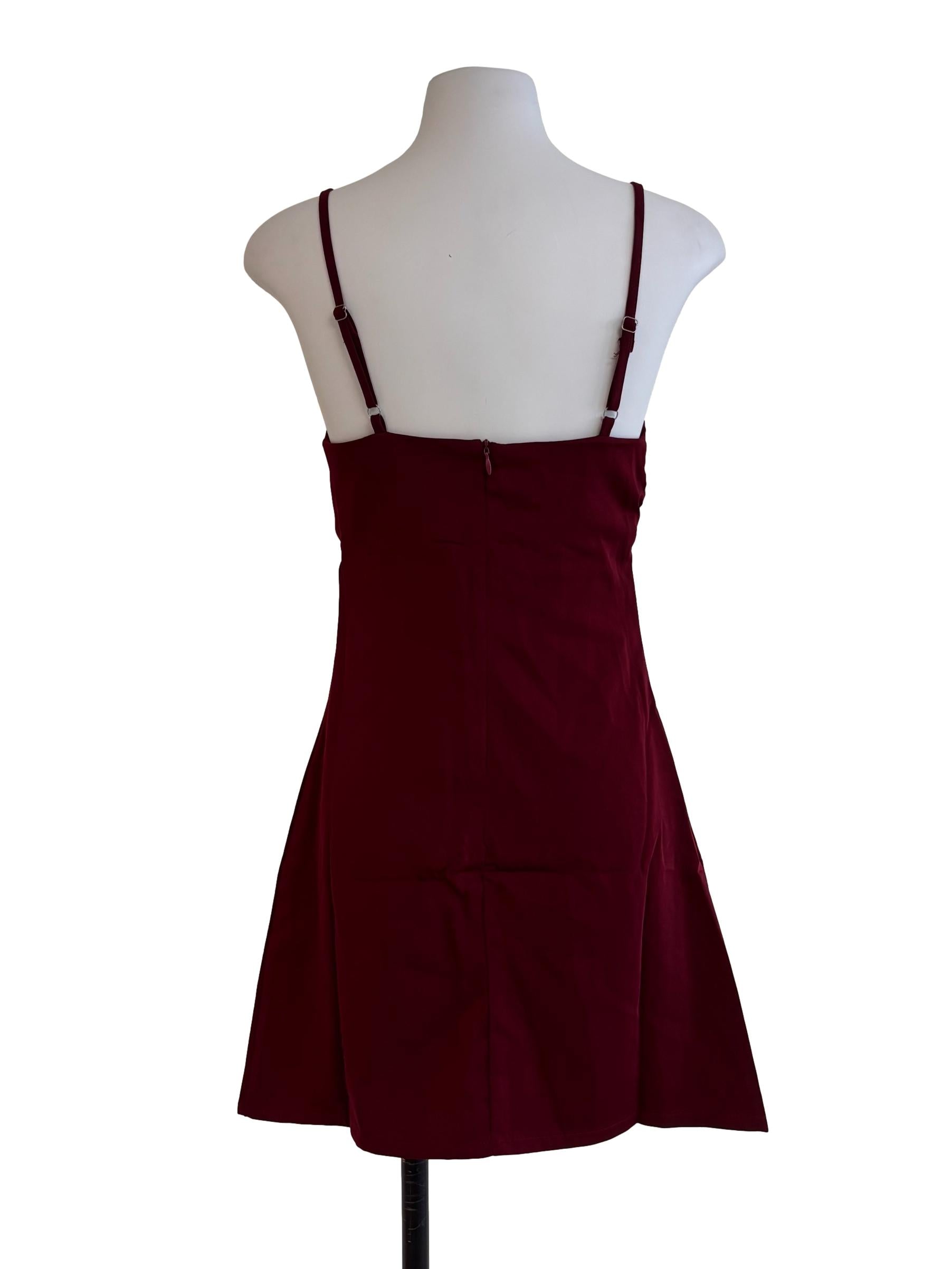 Maroon Plunge Neckline Button Dress