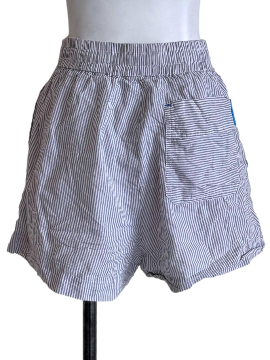 Grey Striped Elastic-Waist Shorts