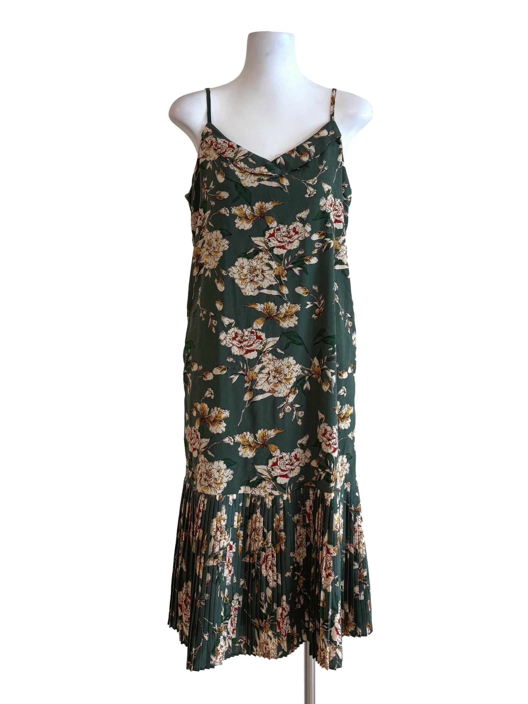 Hunter Green Floral Ruffle Pleats Dress