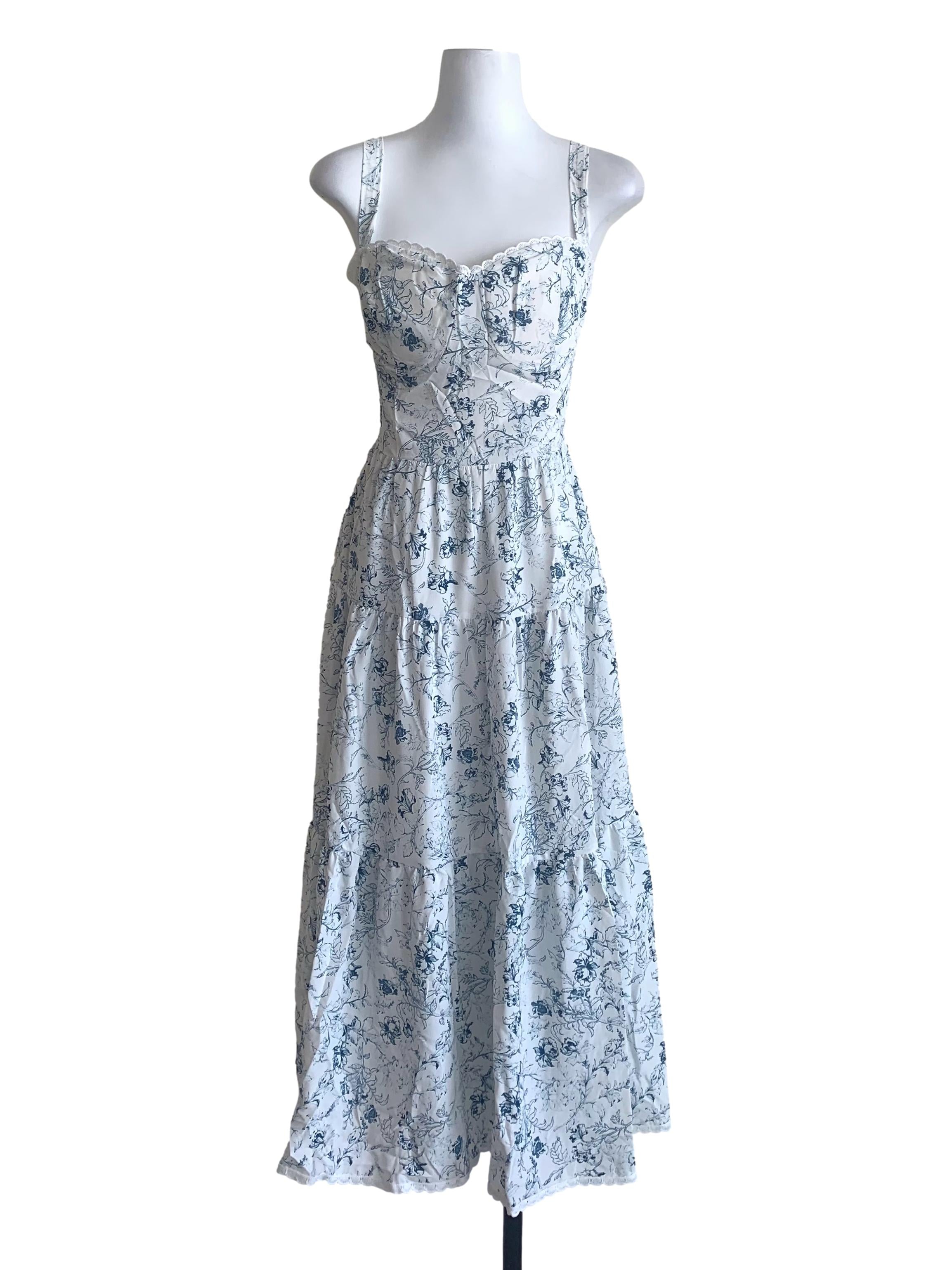Blue Floral Pattern Tiered Dress