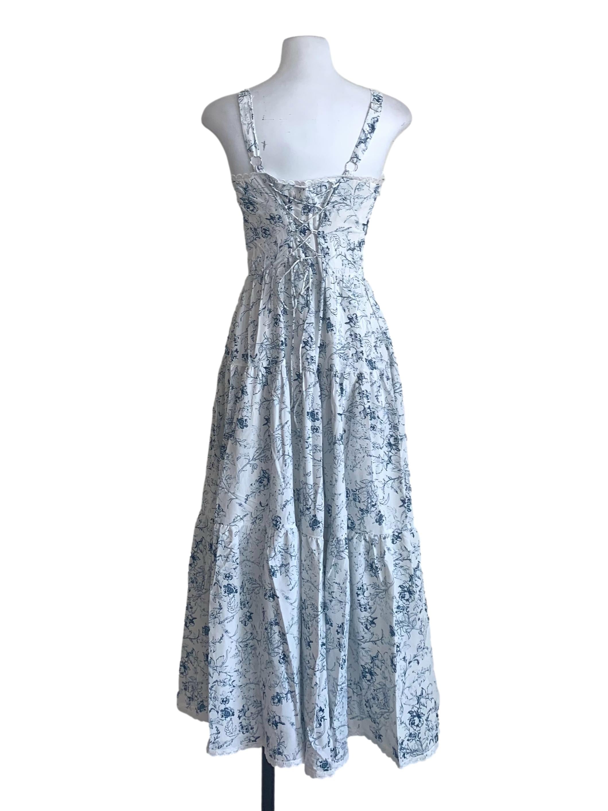 Blue Floral Pattern Tiered Dress