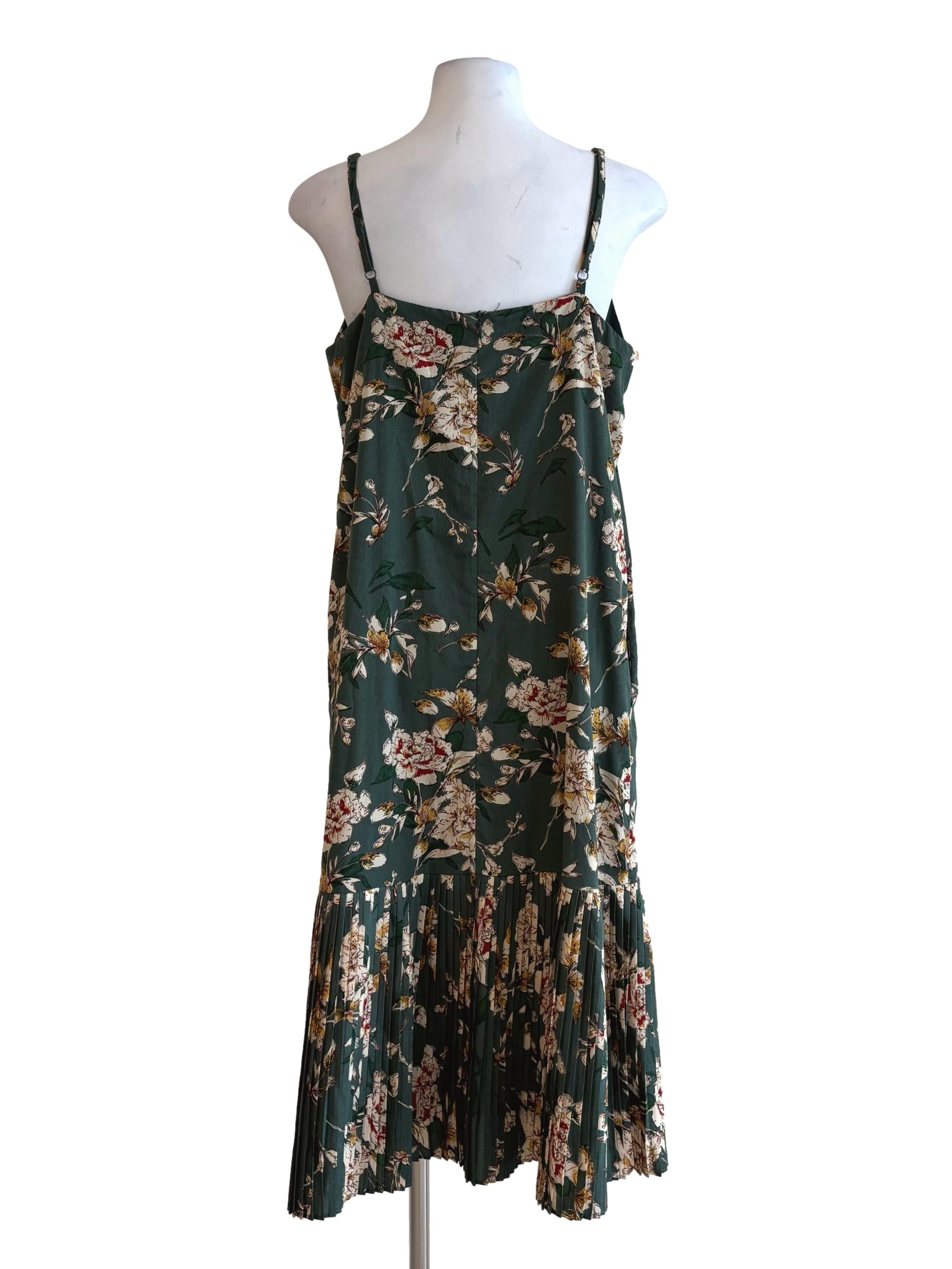 Hunter Green Floral Ruffle Pleats Dress