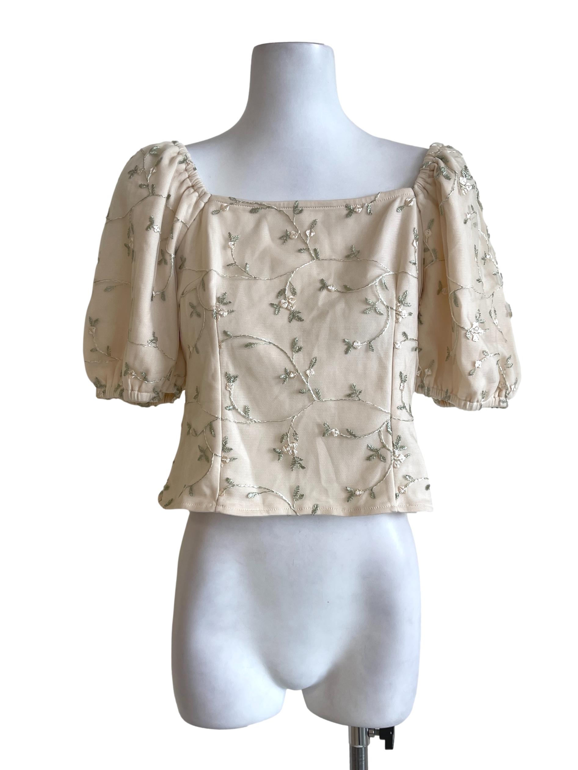 Cream Green Embroidery Tops