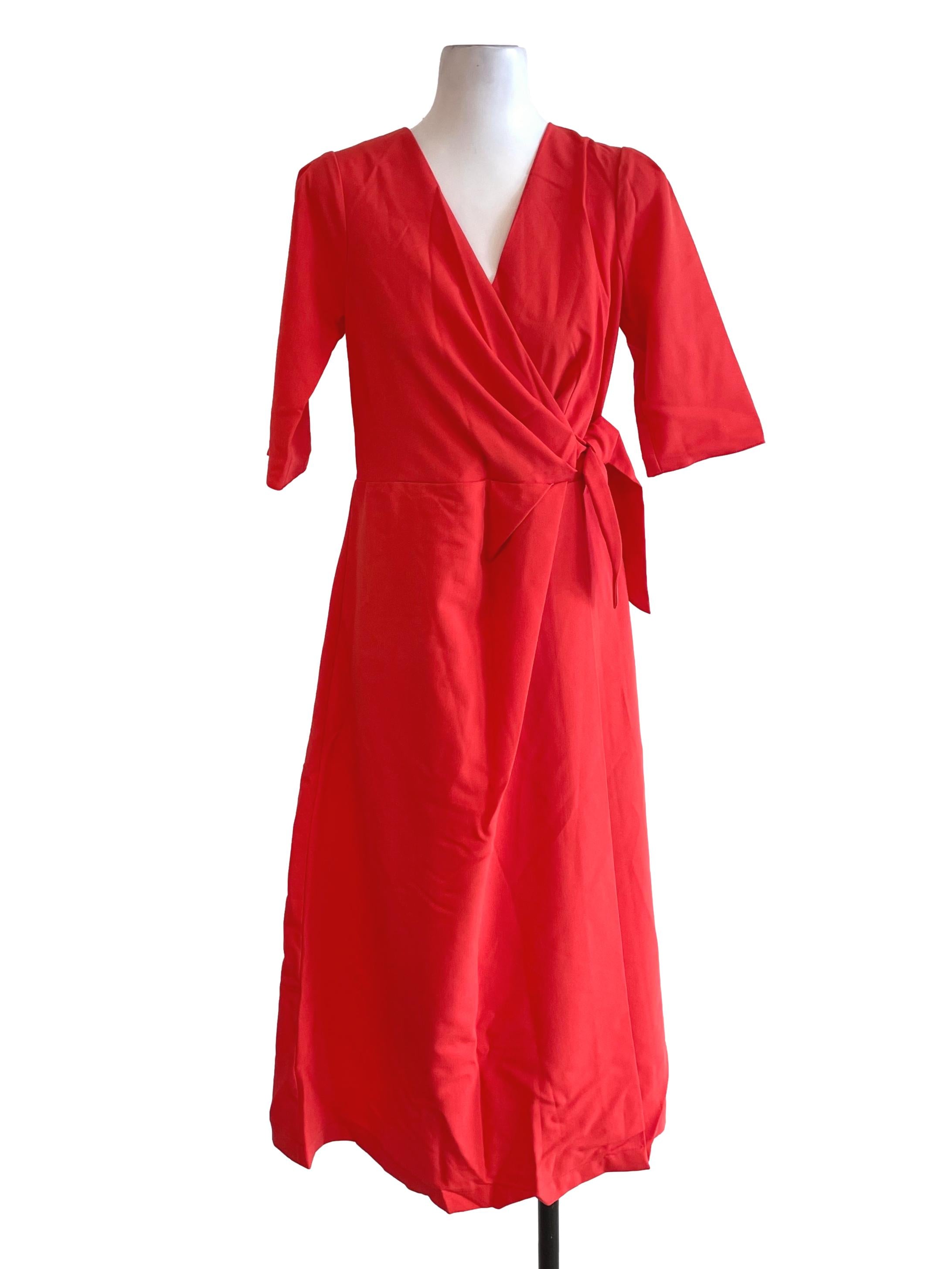 Rose Red Mid Sleeves Draped Dress