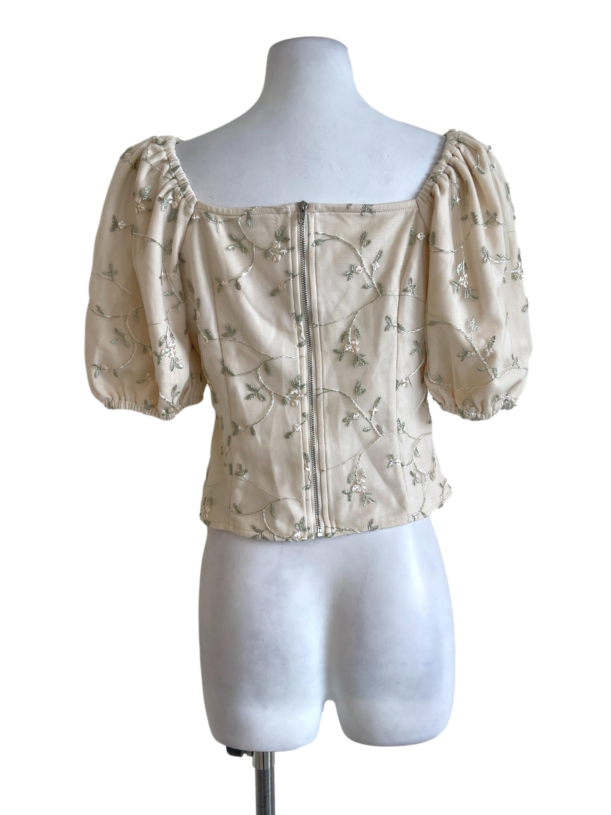 Cream Green Embroidery Tops