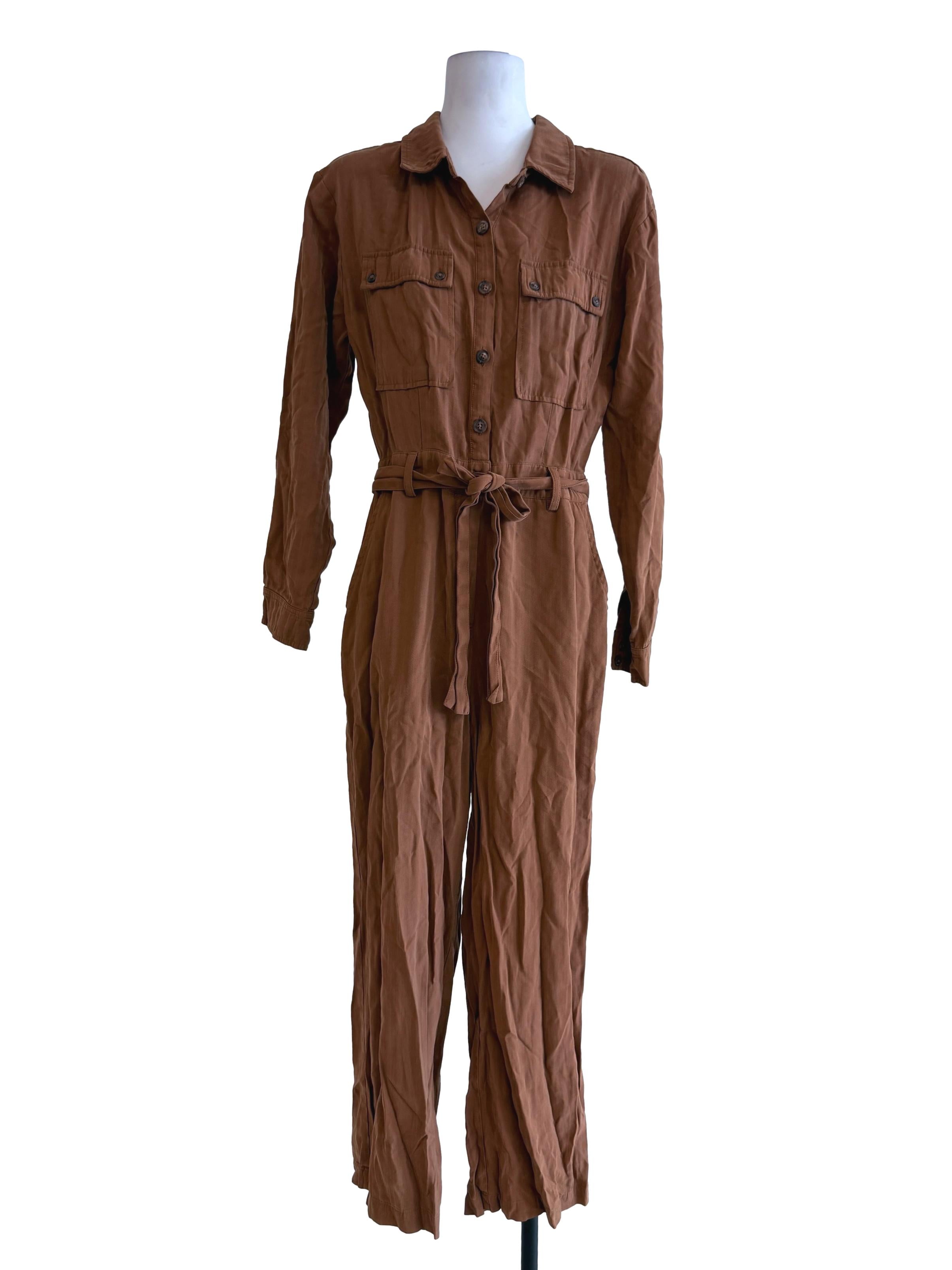 Brown Plain Shirts Jumpsuit