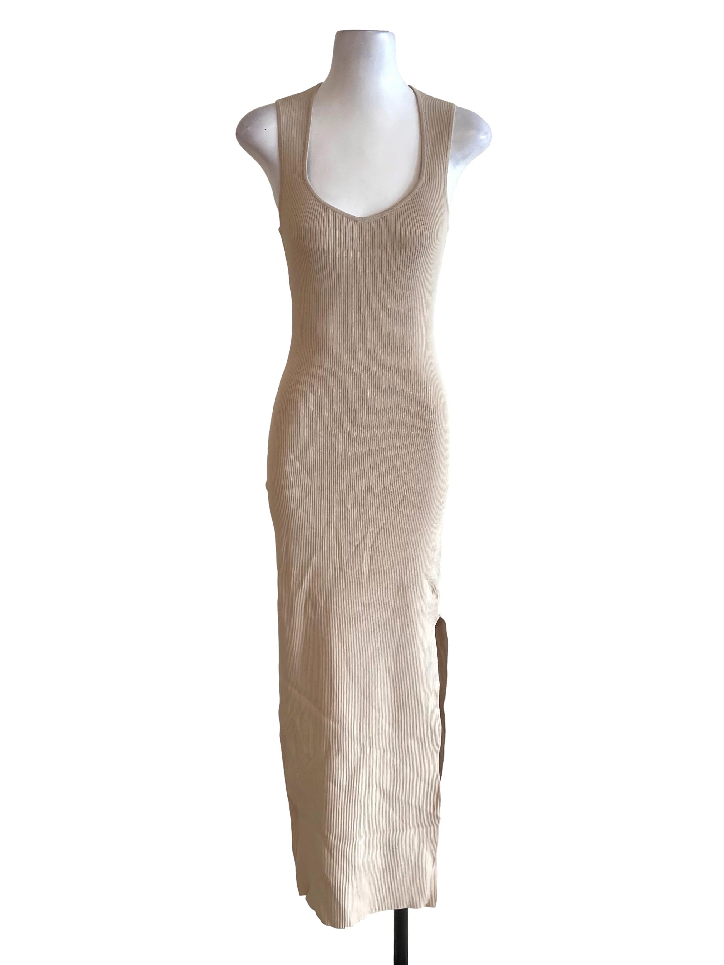 Beige Queen Anne Knit Bodycon Dress