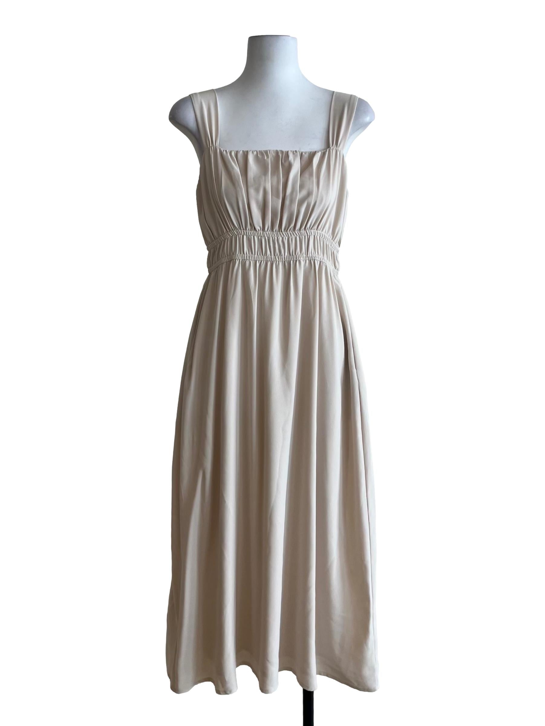 Cream Beige Square Neckline A-Line Dress