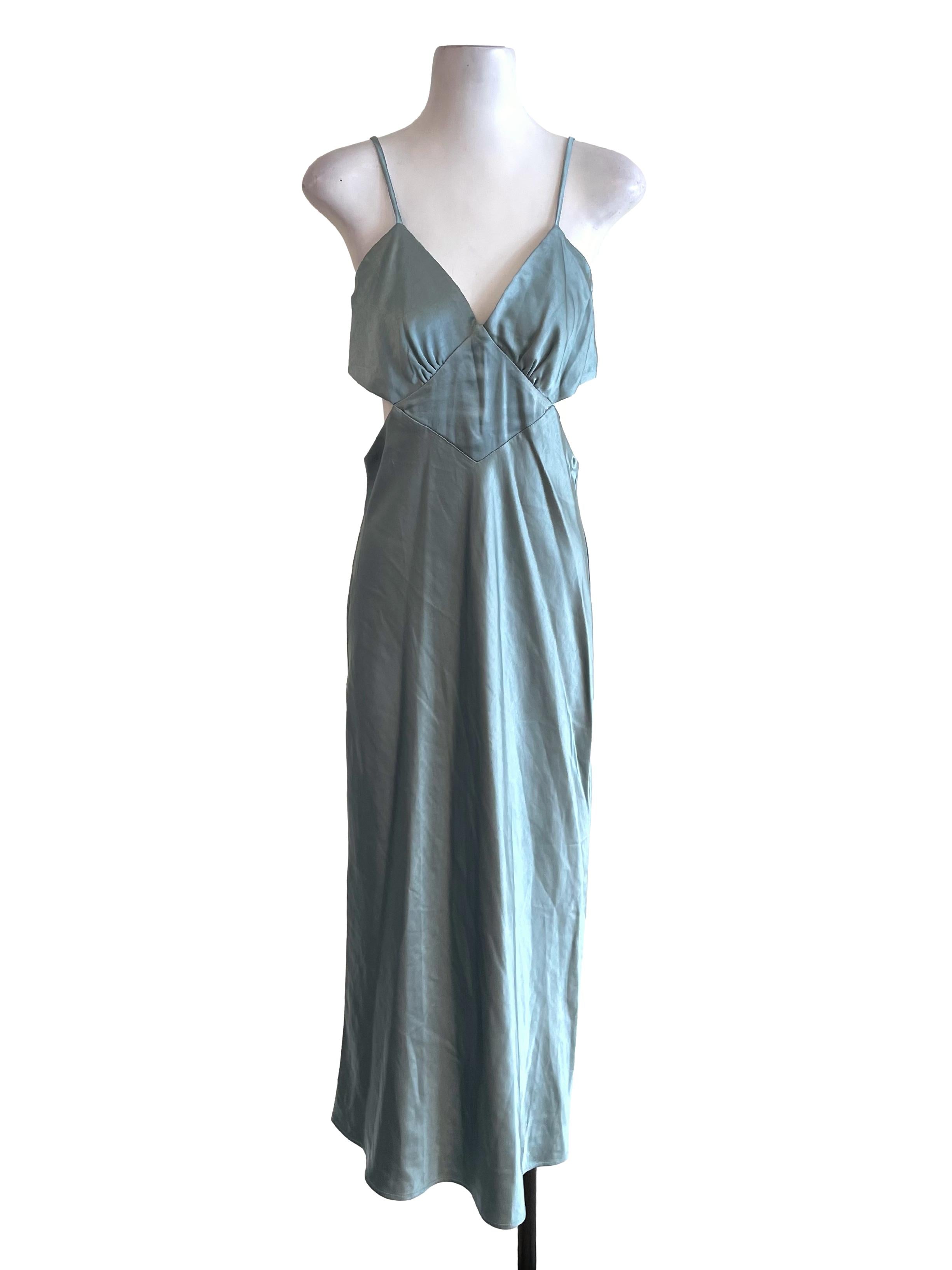 Dusty Blue Cut-out Waist Satin Dress