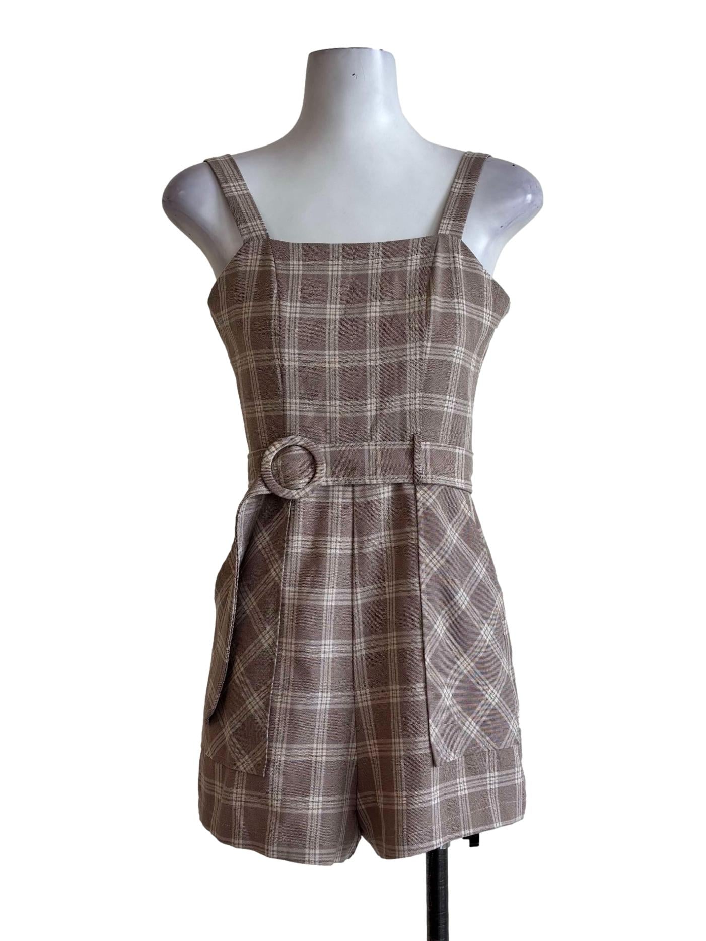 Tan Brown Gingham Sleeveless Rompers
