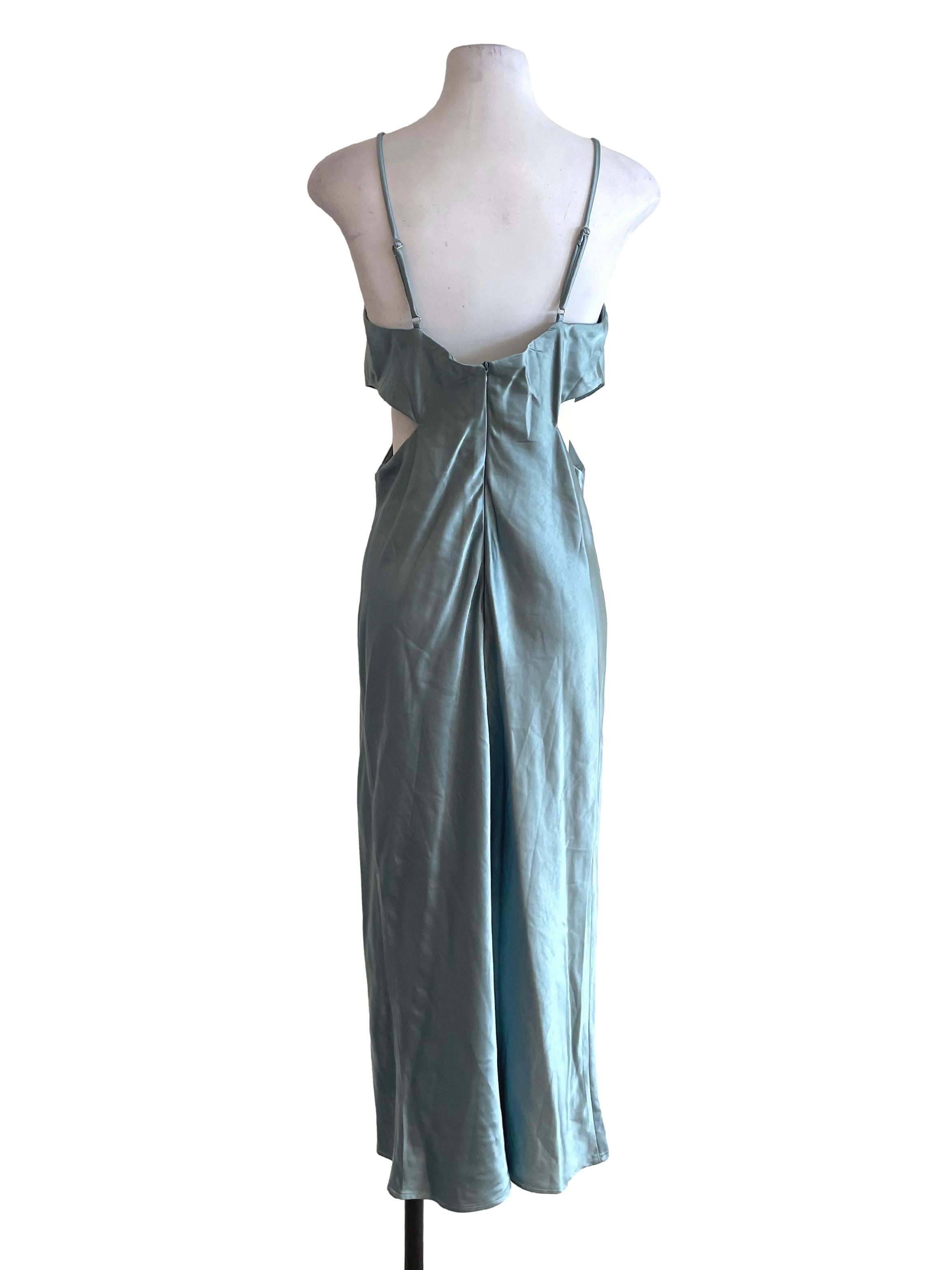 Dusty Blue Cut-out Waist Satin Dress