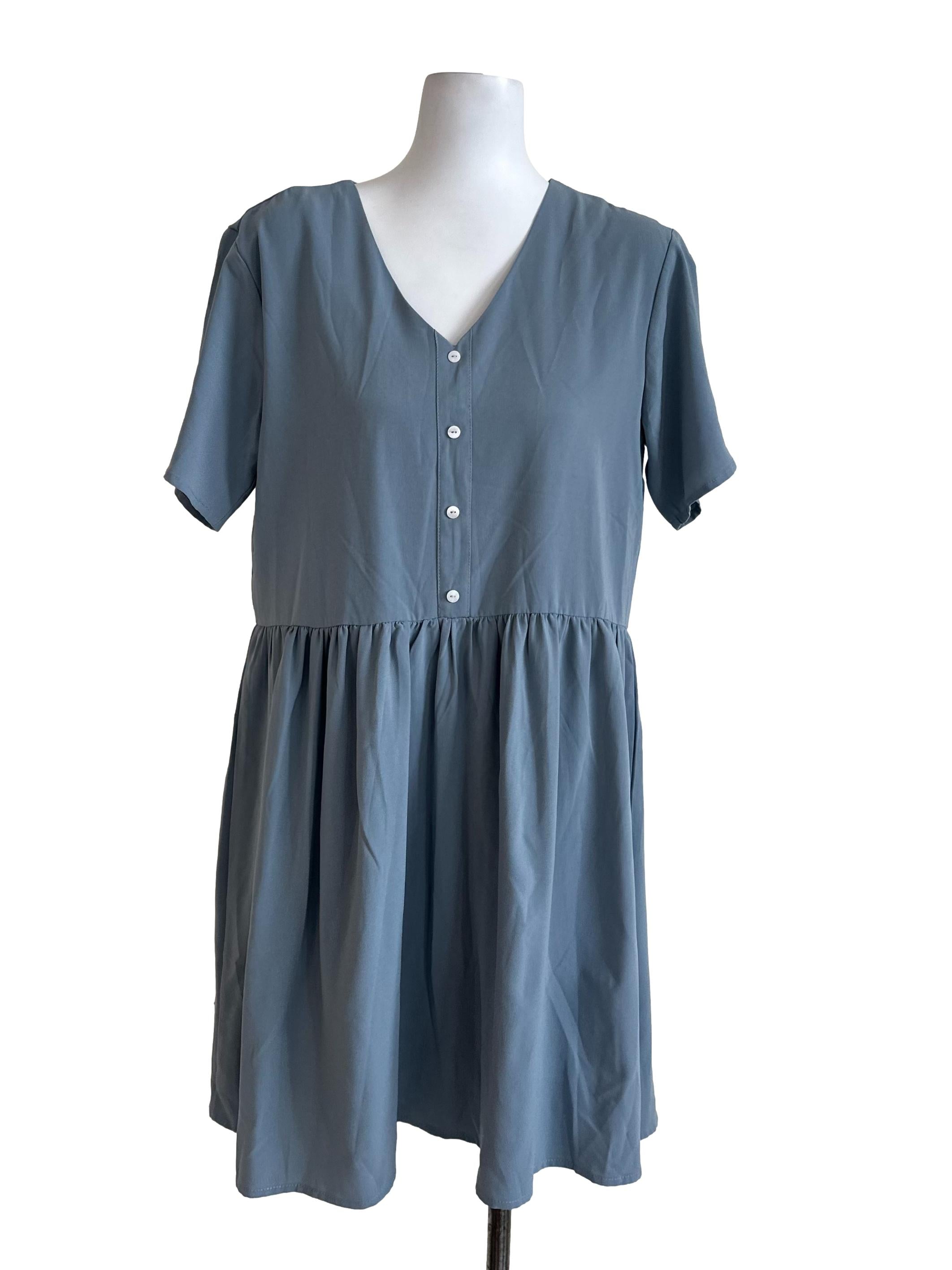 Dusty Blue Plain Button Dress