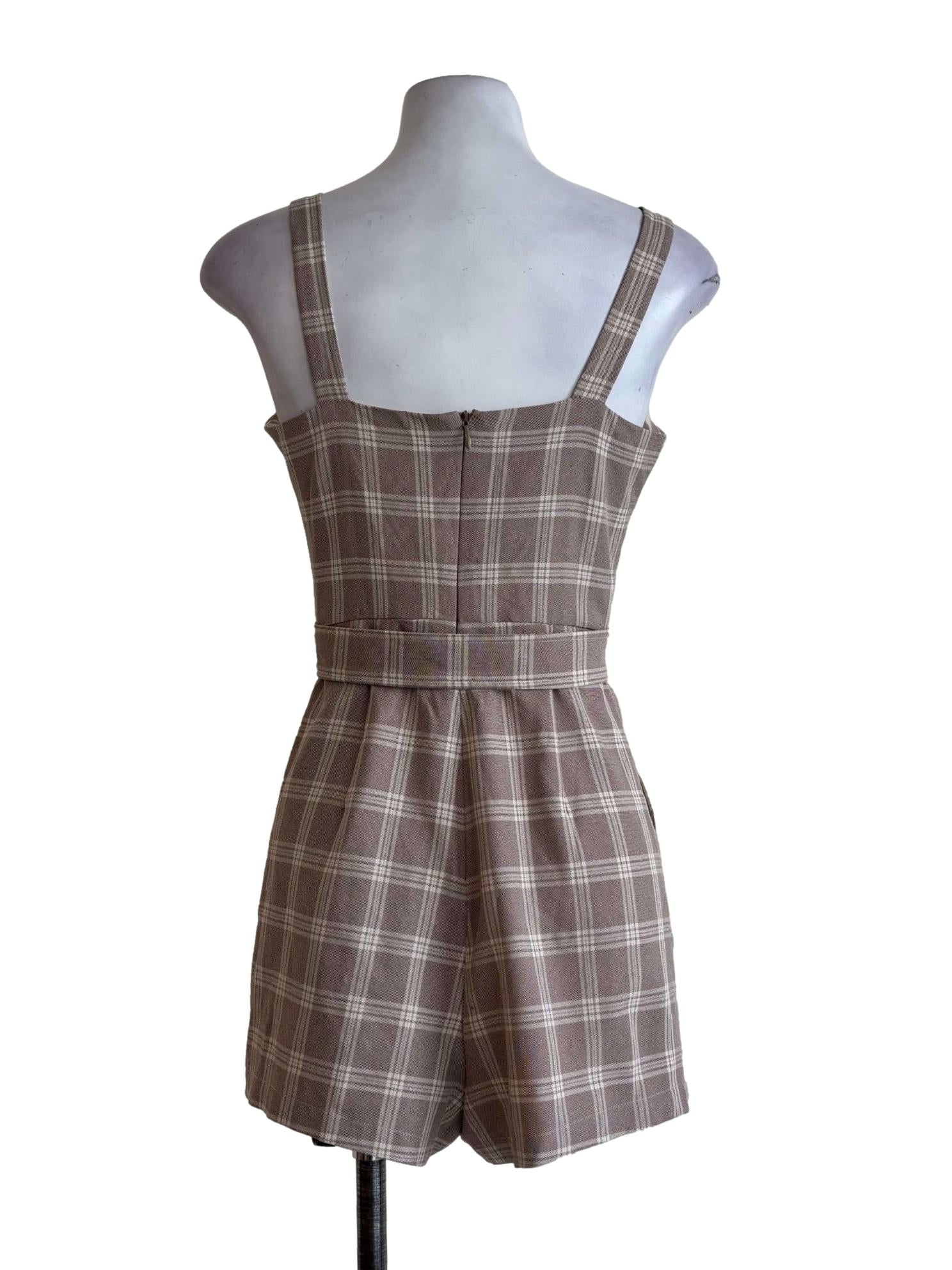 Tan Brown Gingham Sleeveless Rompers