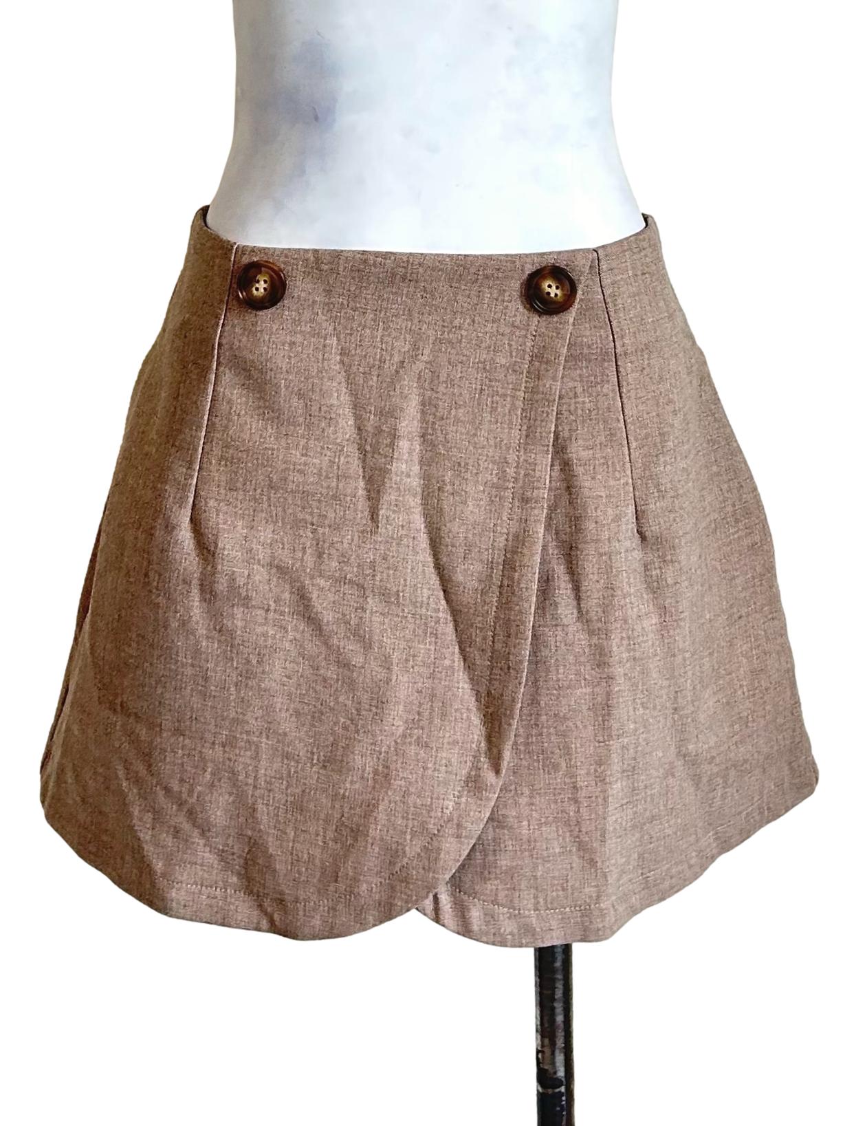 Peanut Brown Linen Button Wrap Skirt