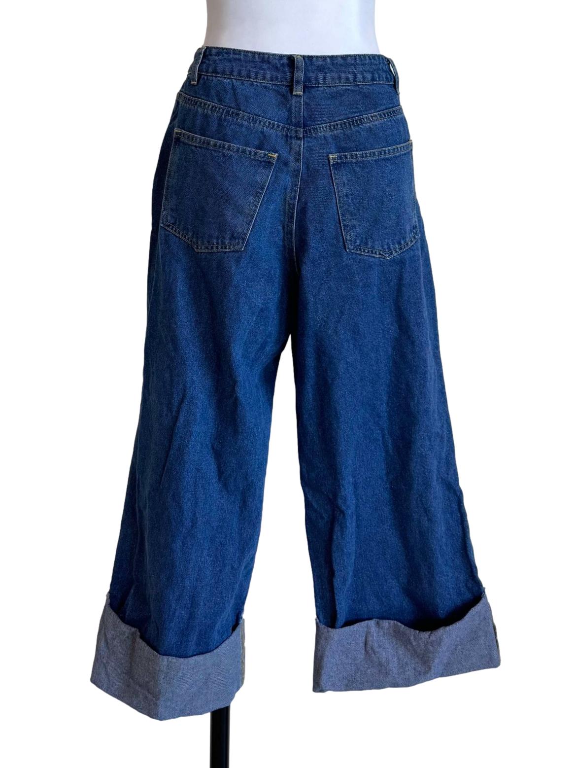 Blue Denim Folded Hem Cropped Jeans