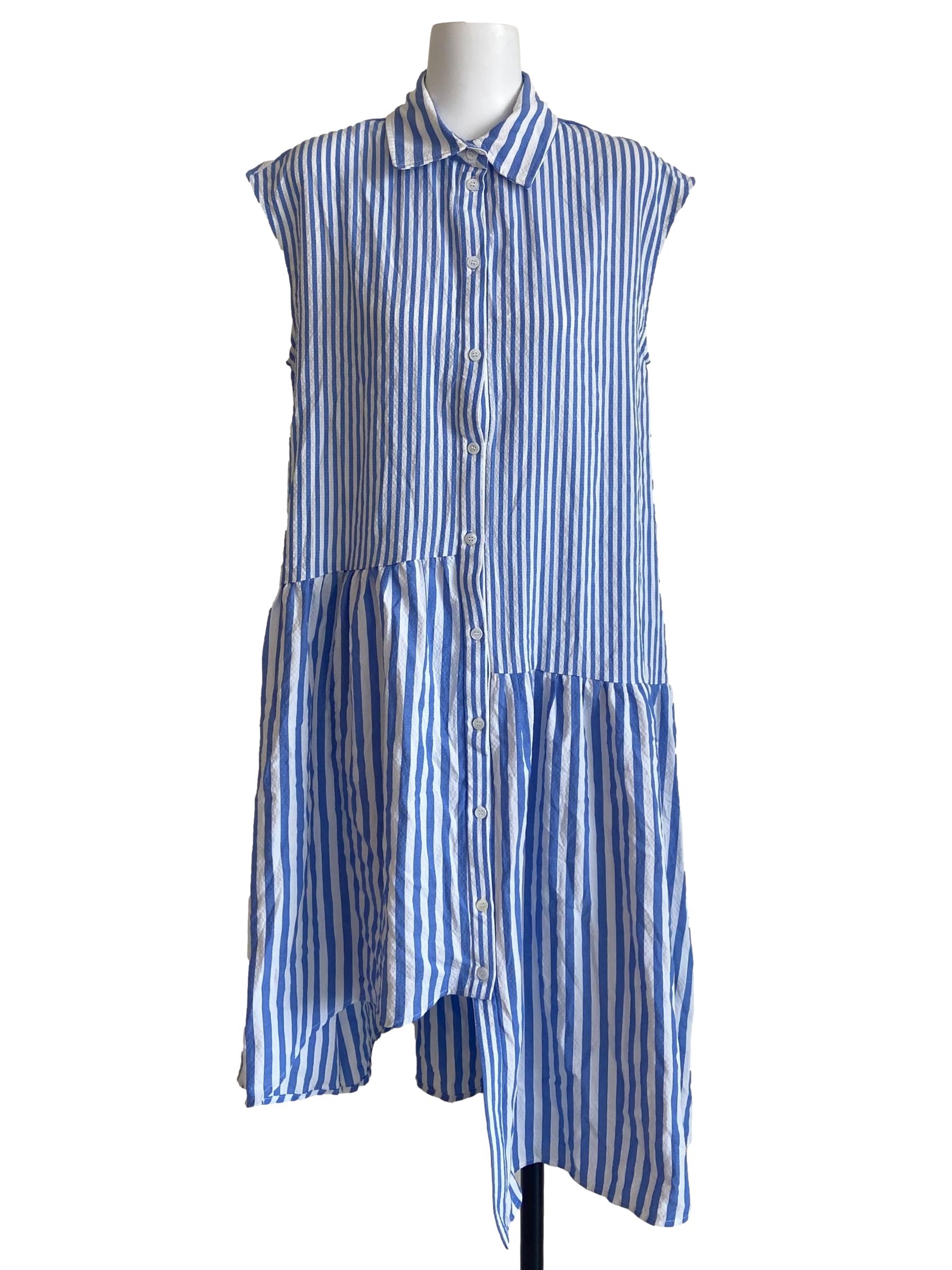 Blue & White Stripe Sleeveless Asymmetric Dress