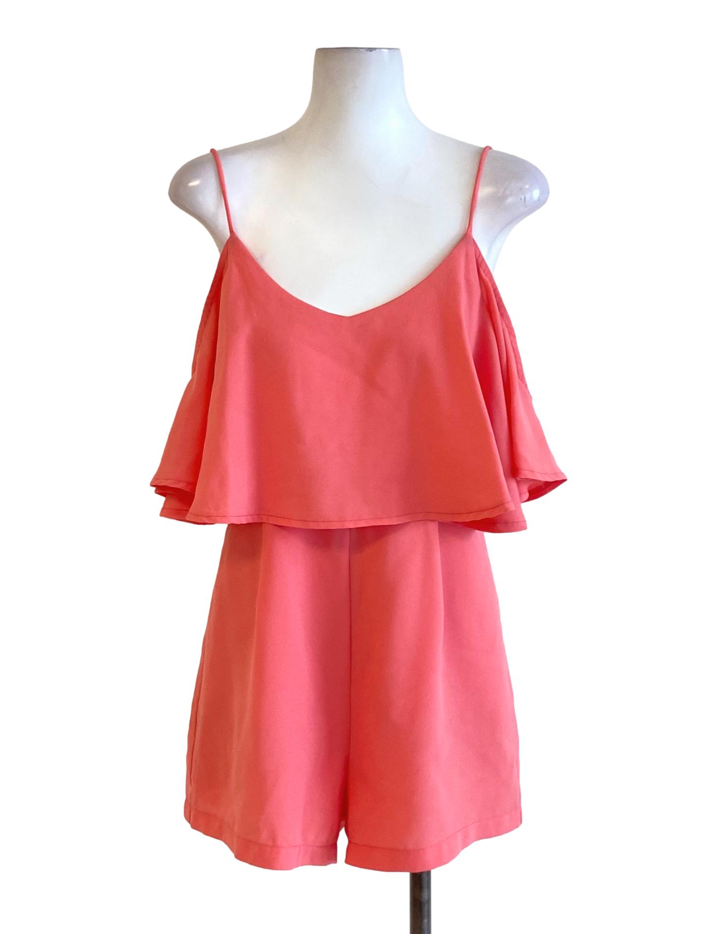 Neon Coral Pink Round Neck Spaghetti Strap Cape Romper